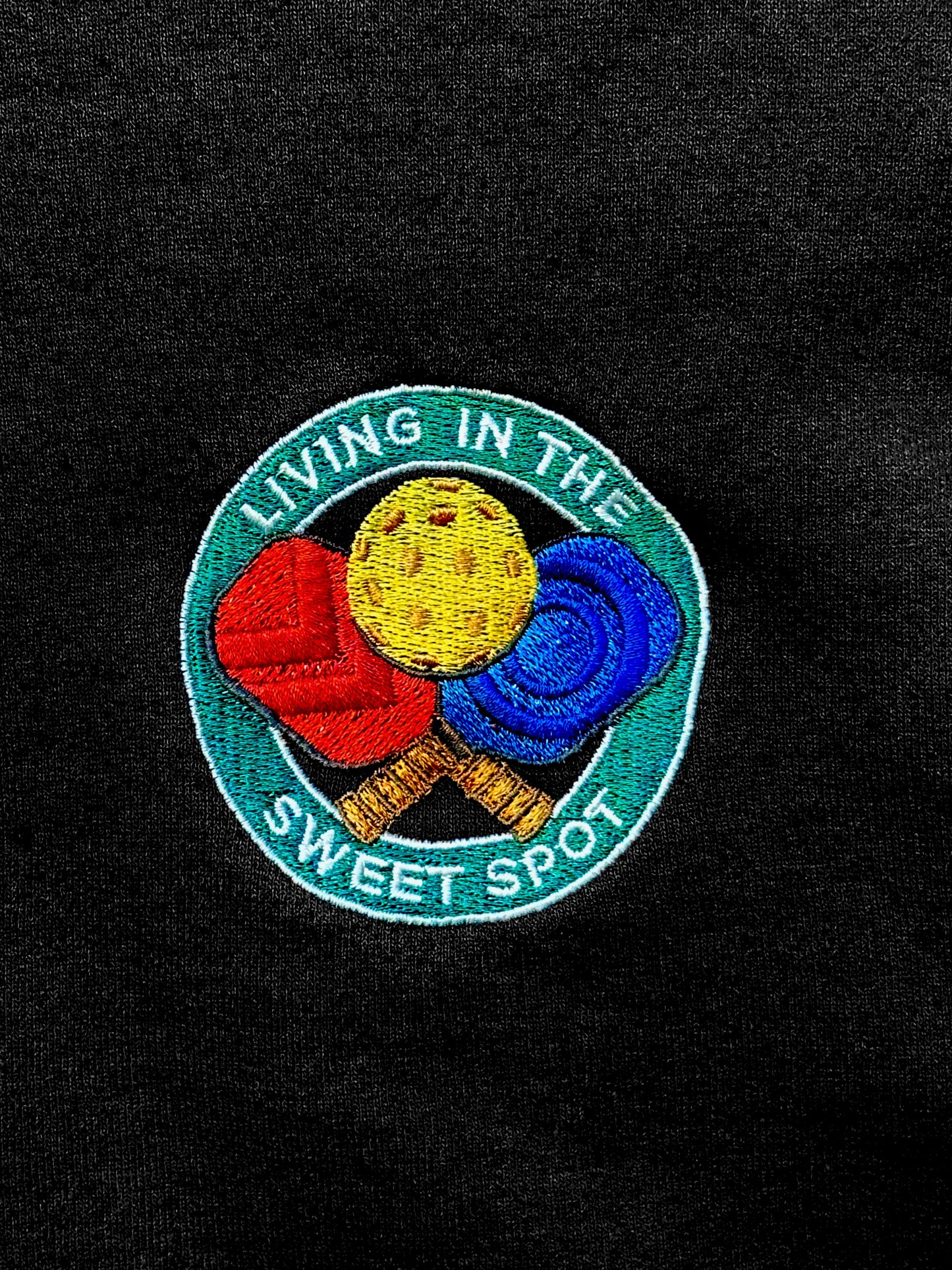 Pickleball Sweatshirt with Embroidered "Living in the Sweet Spot" Emblem - DocDink.com