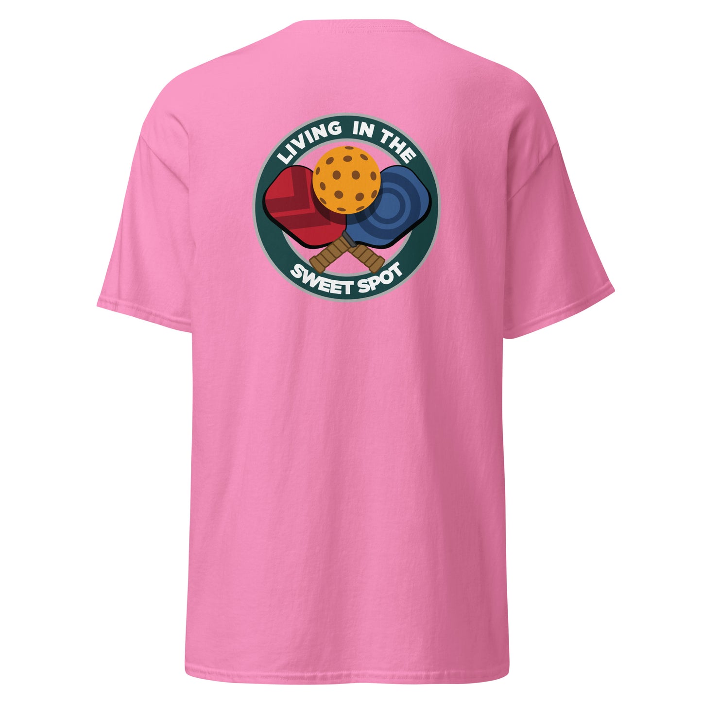 100% Cotton Pickleball T-Shirt - "Living in the Sweet Spot" - Crossed Paddles (pocket) - DocDink.com