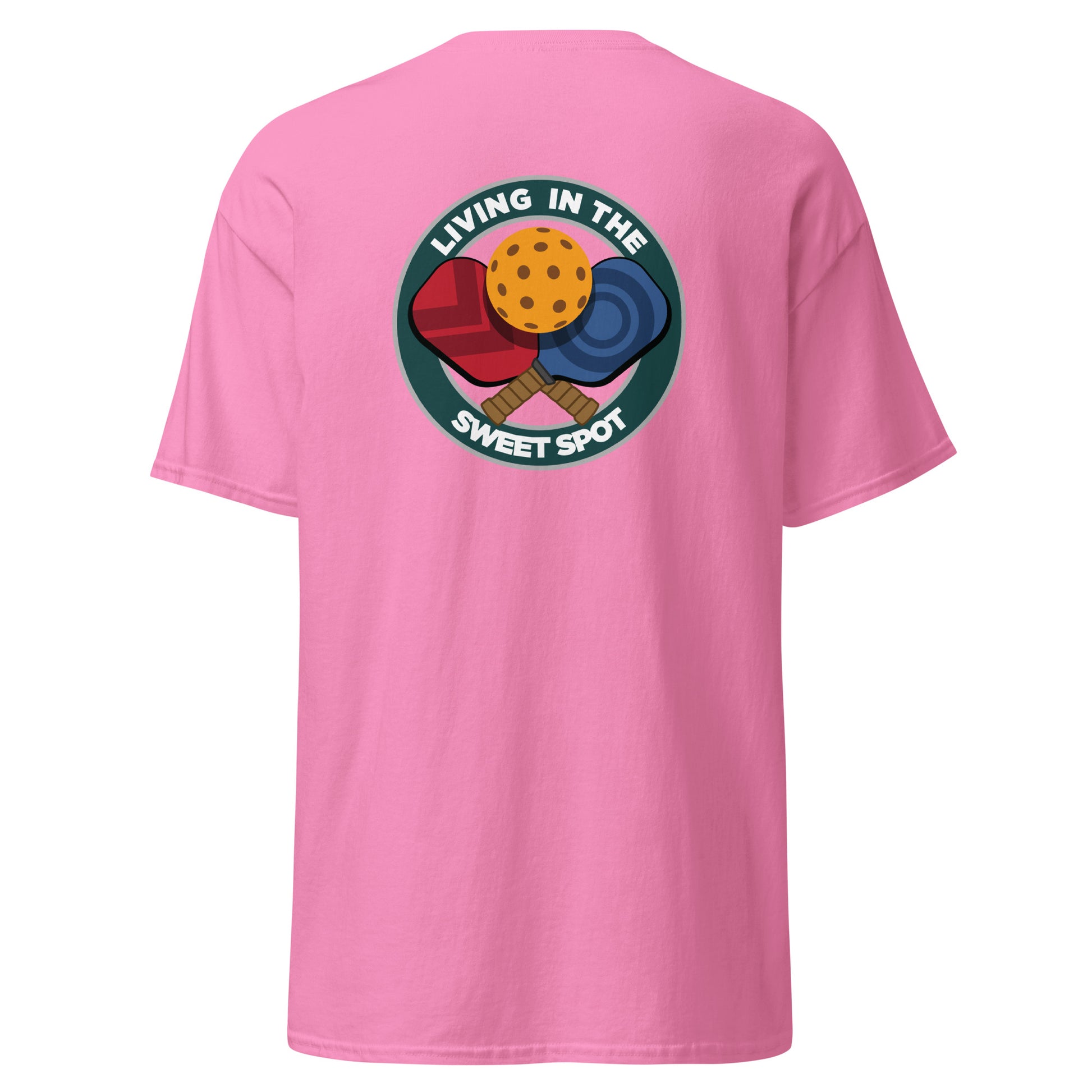 100% Cotton Pickleball T-Shirt - "Living in the Sweet Spot" - Crossed Paddles (pocket) - DocDink.com