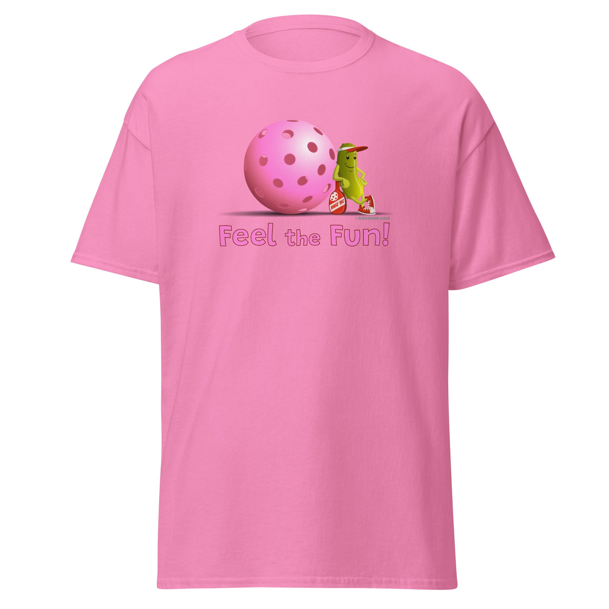 100% Cotton Pickleball T-Shirt - Resting Pickleball - "Feel the Fun" #pink - DocDink.com