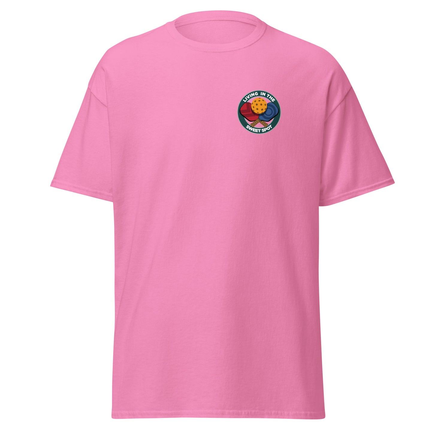 100% Cotton Pickleball T-Shirt - "Living in the Sweet Spot" - Crossed Paddles (pocket) - DocDink.com