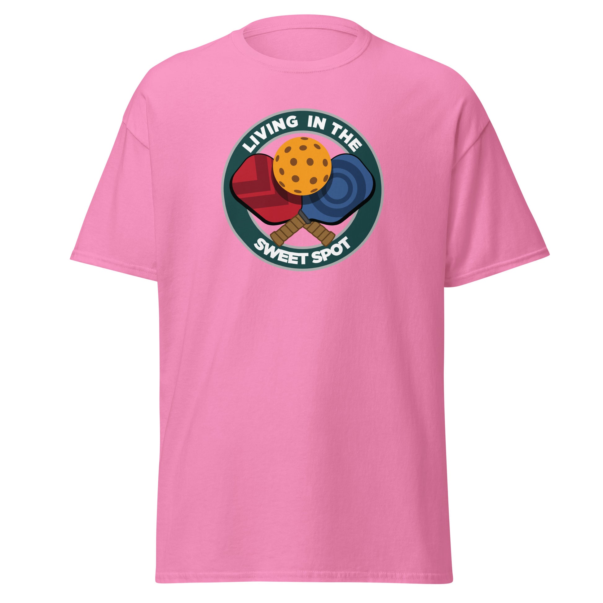 100% Cotton Pickleball T-Shirt - "Living in the Sweet Spot" emblem - DocDink.com