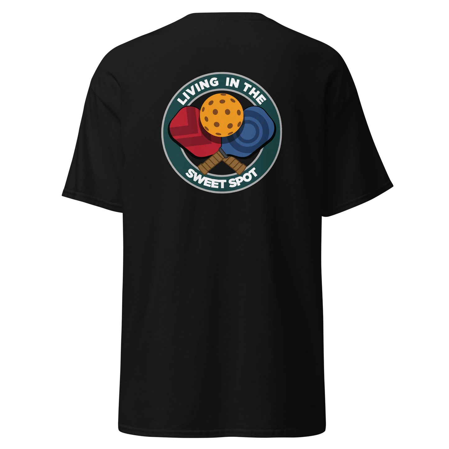 100% Cotton Pickleball T-Shirt - "Living in the Sweet Spot" - Crossed Paddles (pocket) - DocDink.com