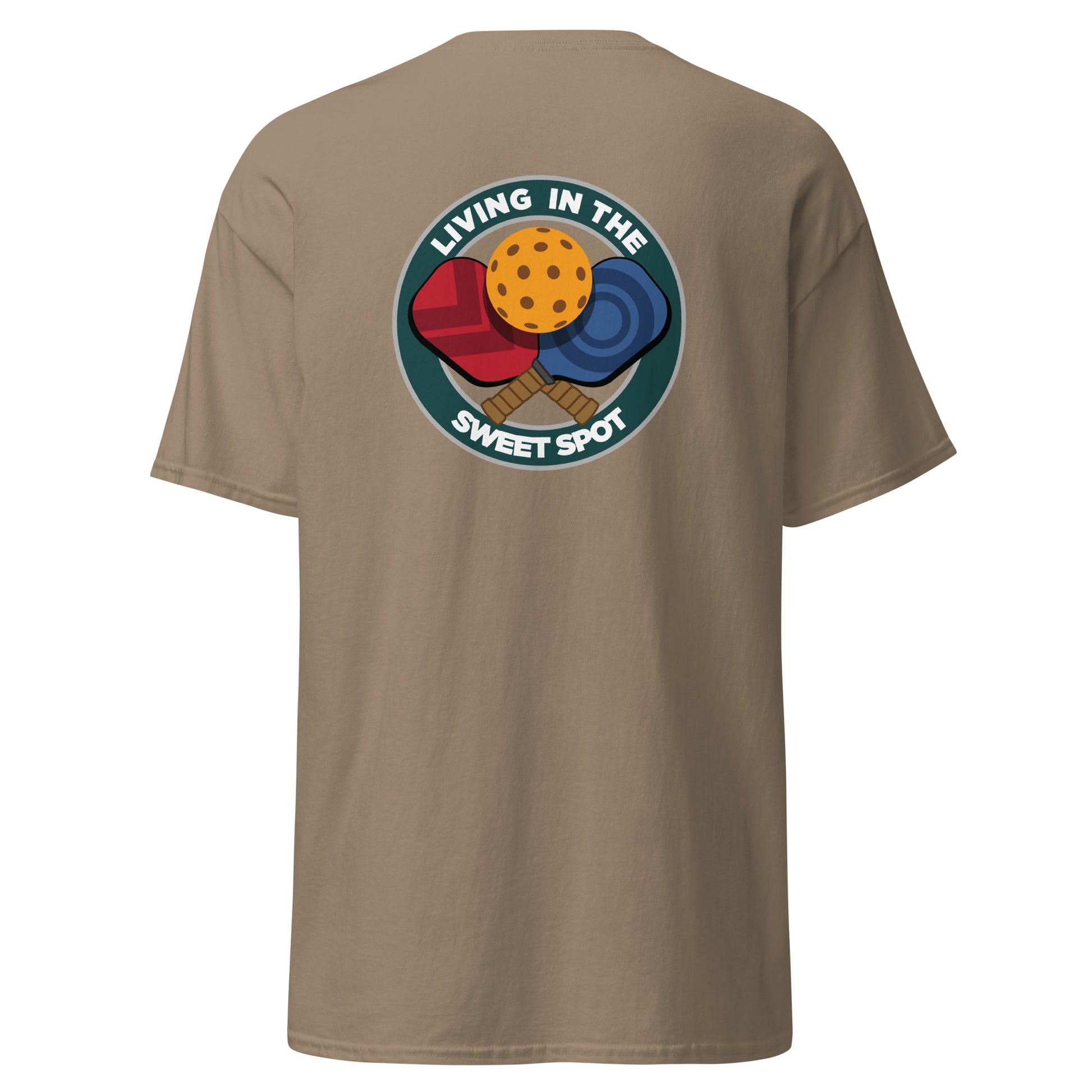 100% Cotton Pickleball T-Shirt - "Living in the Sweet Spot" - Crossed Paddles (pocket) - DocDink.com