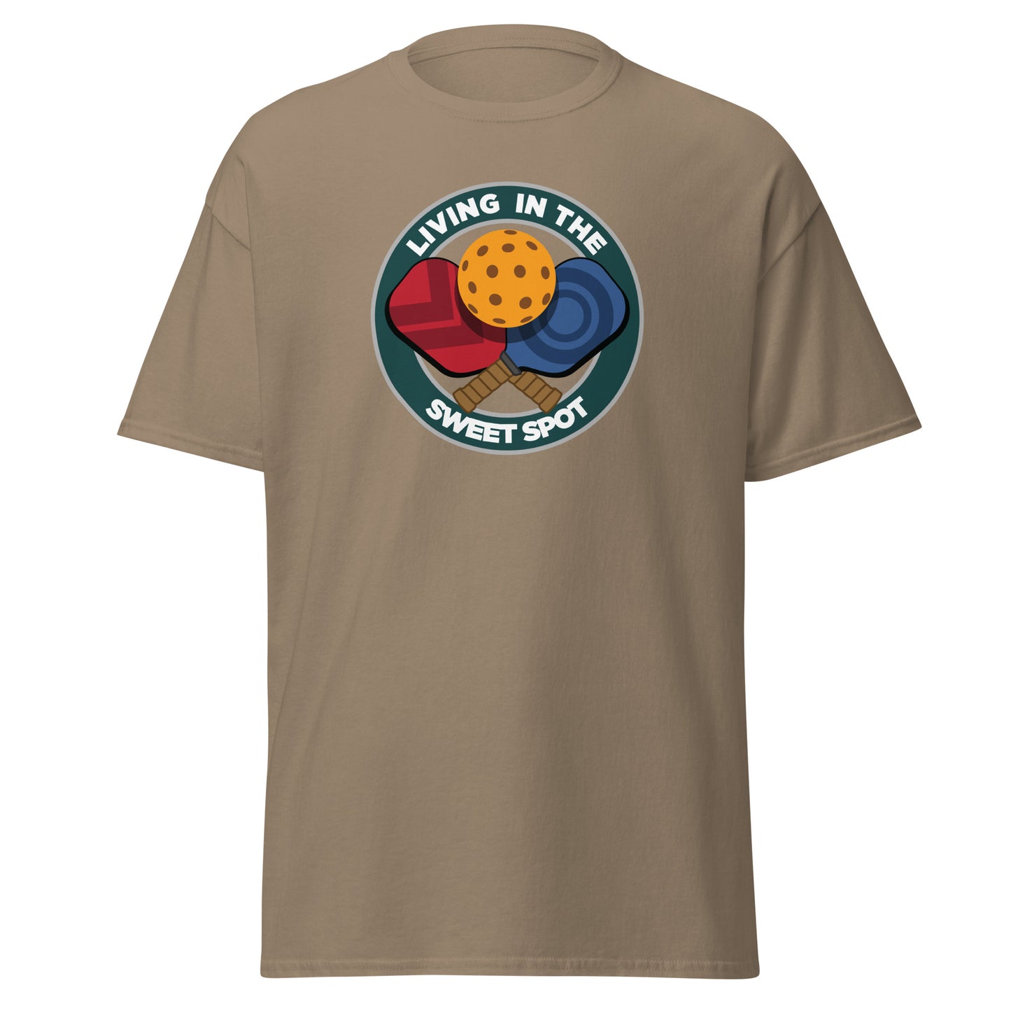 100% Cotton Pickleball T-Shirt - "Living in the Sweet Spot" emblem - DocDink.com