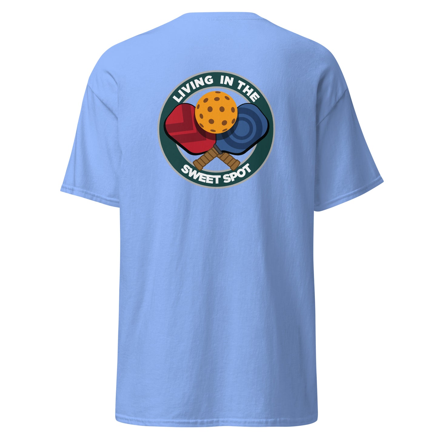 100% Cotton Pickleball T-Shirt - "Living in the Sweet Spot" - Crossed Paddles (pocket) - DocDink.com