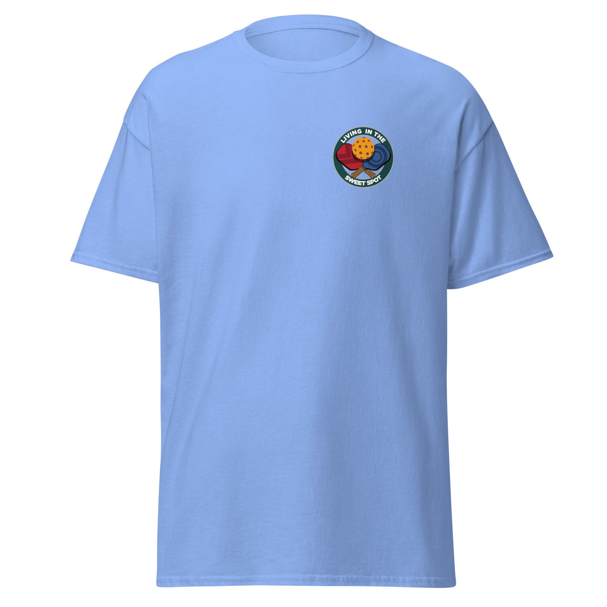 100% Cotton Pickleball T-Shirt - "Living in the Sweet Spot" - Crossed Paddles (pocket) - DocDink.com
