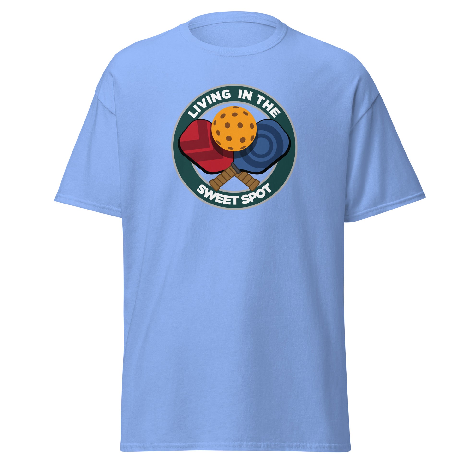 100% Cotton Pickleball T-Shirt - "Living in the Sweet Spot" emblem - DocDink.com