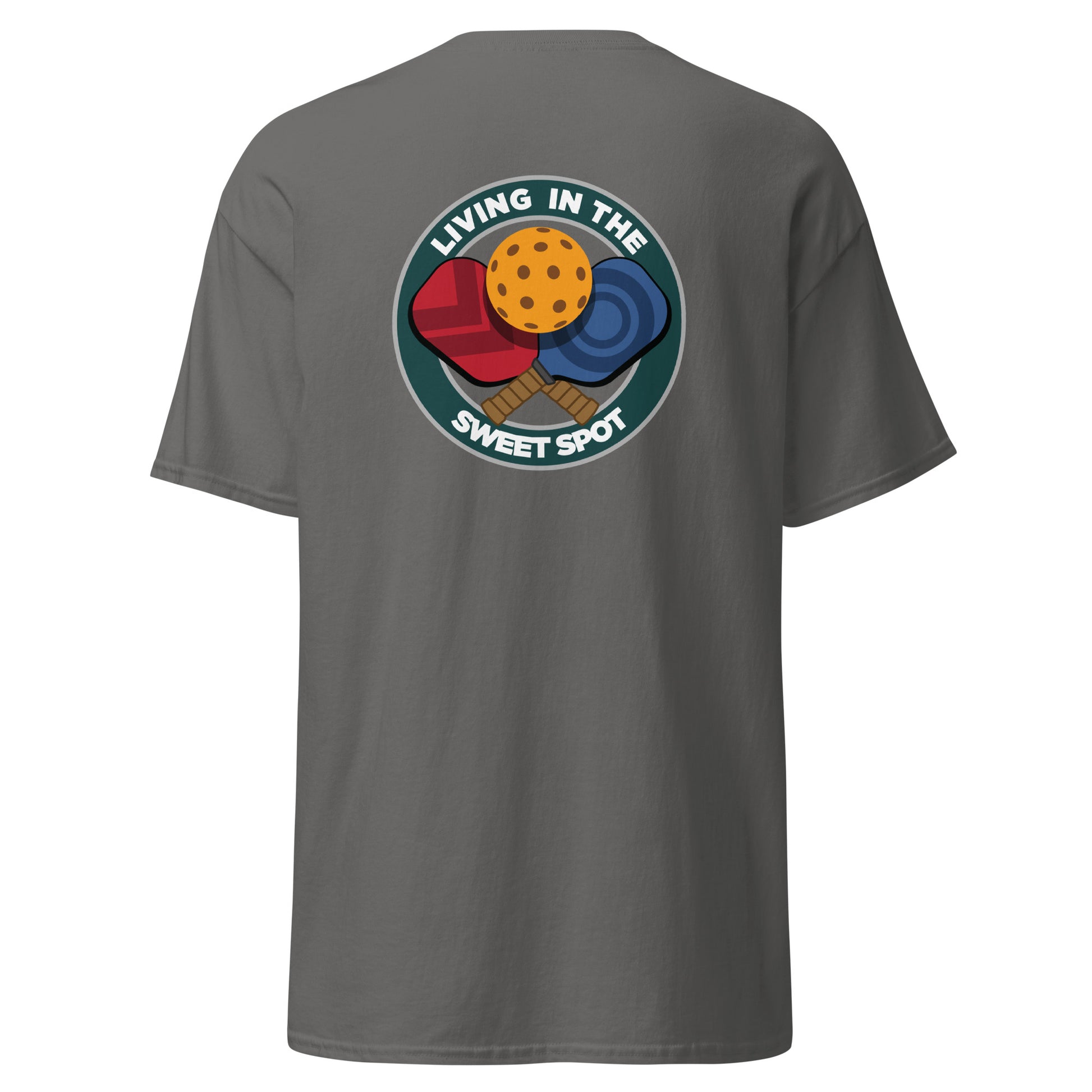 100% Cotton Pickleball T-Shirt - "Living in the Sweet Spot" - Crossed Paddles (pocket) - DocDink.com