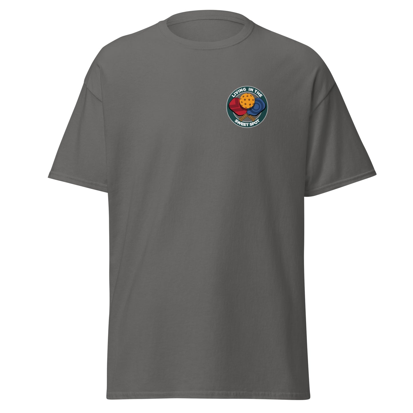 100% Cotton Pickleball T-Shirt - "Living in the Sweet Spot" - Crossed Paddles (pocket) - DocDink.com