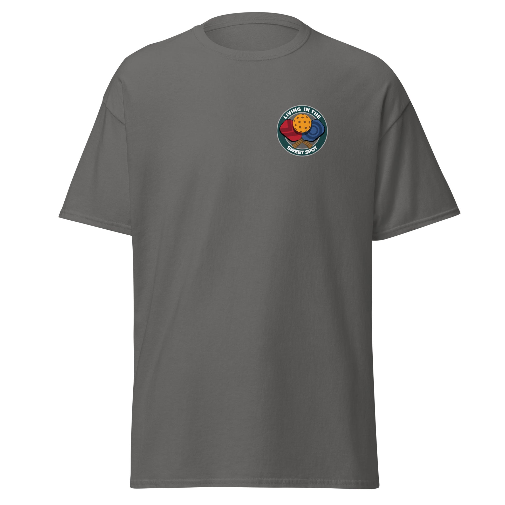 100% Cotton Pickleball T-Shirt - "Living in the Sweet Spot" - Crossed Paddles (pocket) - DocDink.com