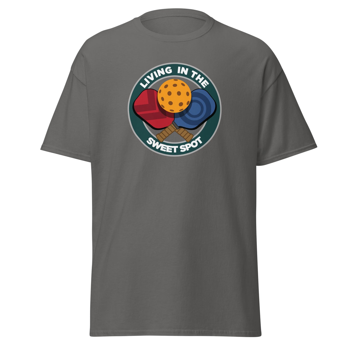 100% Cotton Pickleball T-Shirt - "Living in the Sweet Spot" emblem - DocDink.com