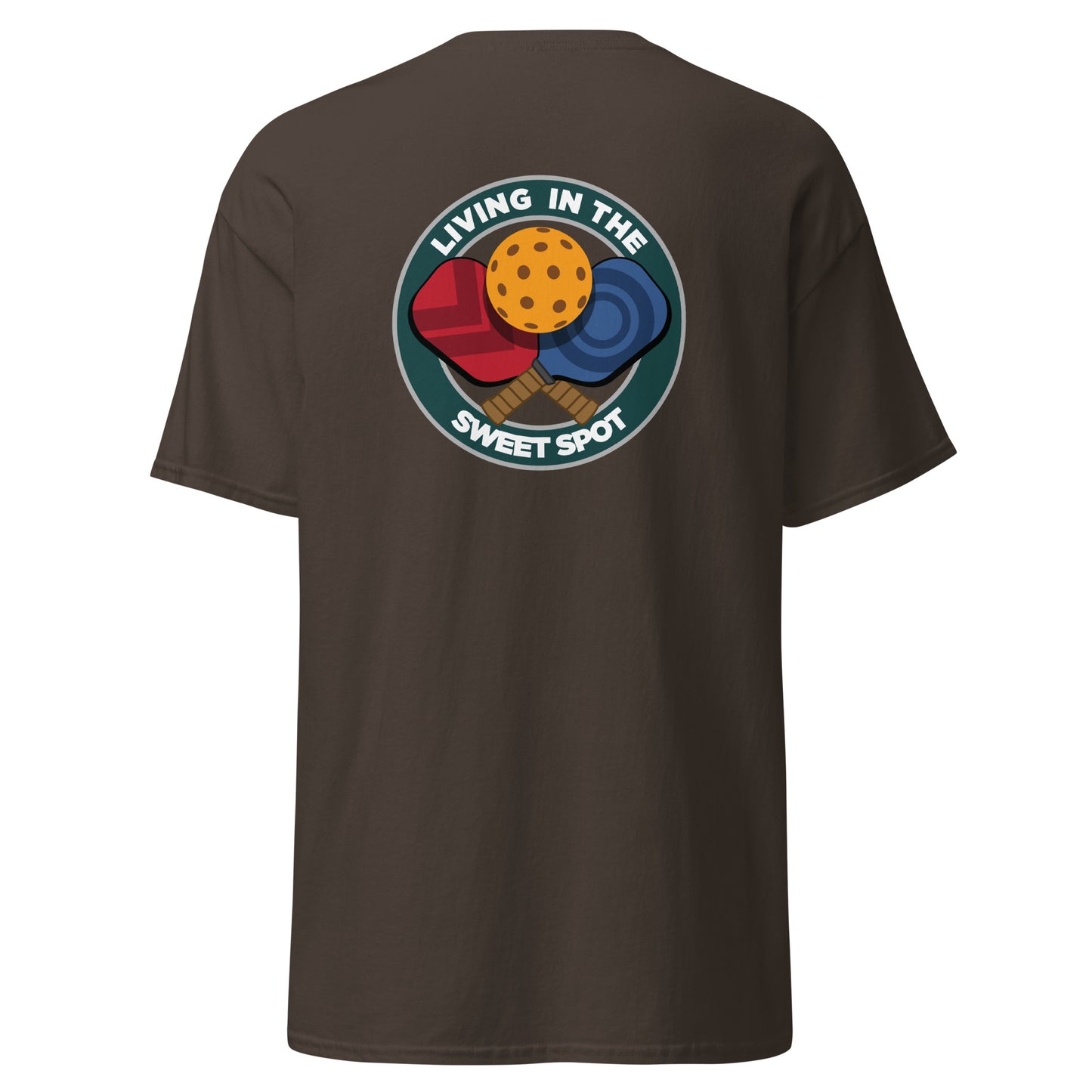 100% Cotton Pickleball T-Shirt - "Living in the Sweet Spot" - Crossed Paddles (pocket) - DocDink.com
