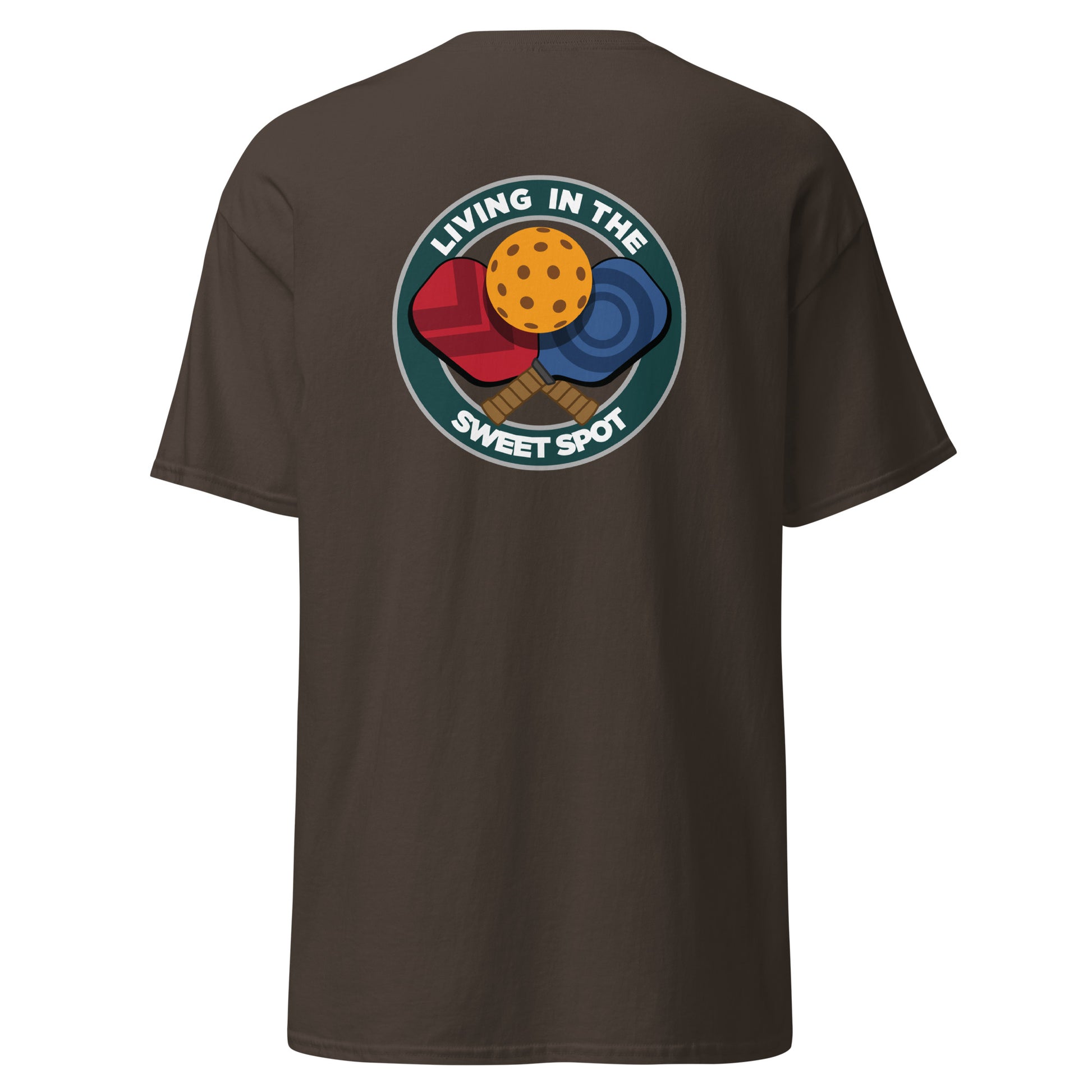 100% Cotton Pickleball T-Shirt - "Living in the Sweet Spot" - Crossed Paddles (pocket) - DocDink.com