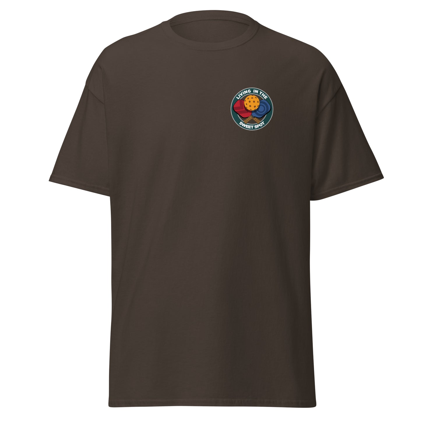 100% Cotton Pickleball T-Shirt - "Living in the Sweet Spot" - Crossed Paddles (pocket) - DocDink.com