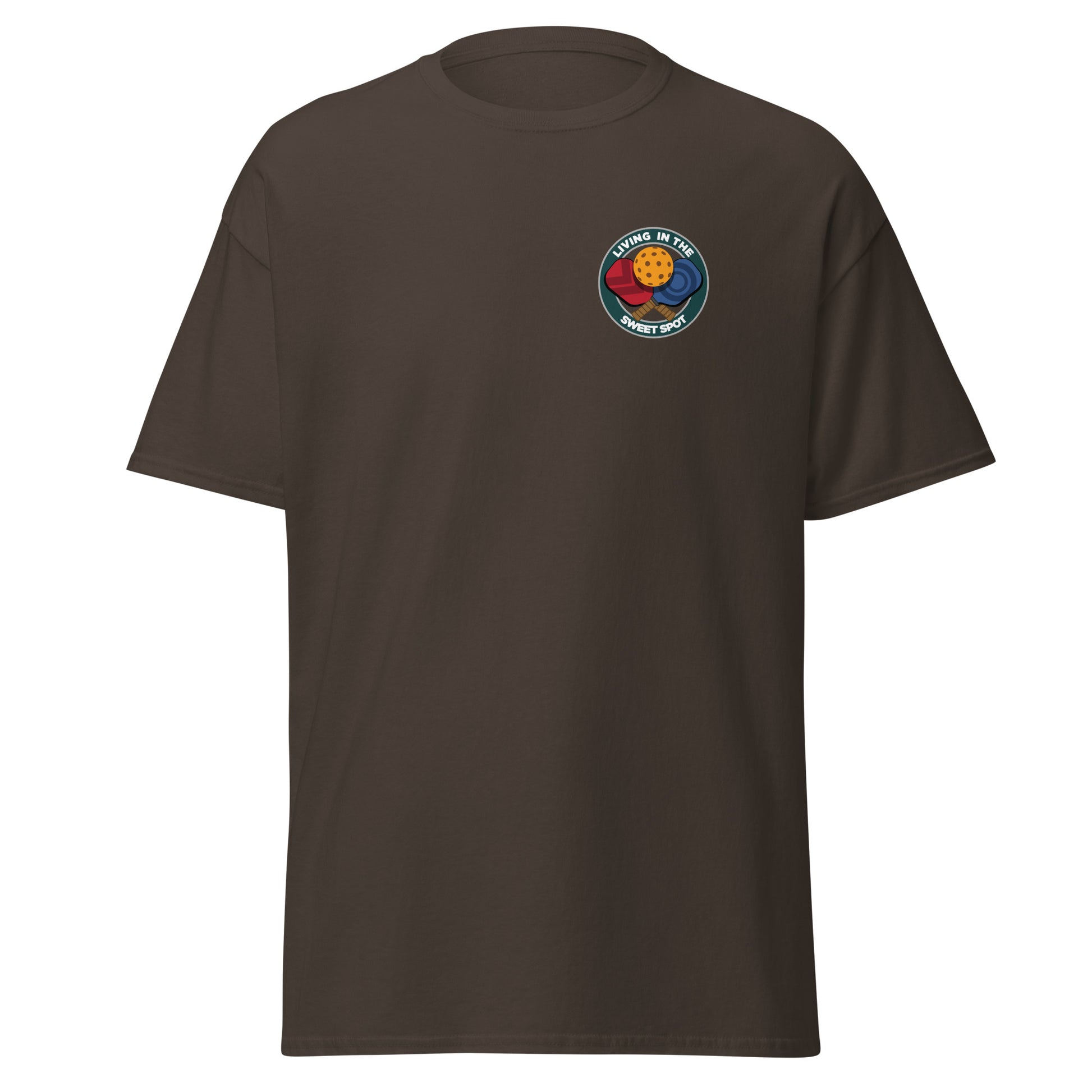 100% Cotton Pickleball T-Shirt - "Living in the Sweet Spot" - Crossed Paddles (pocket) - DocDink.com
