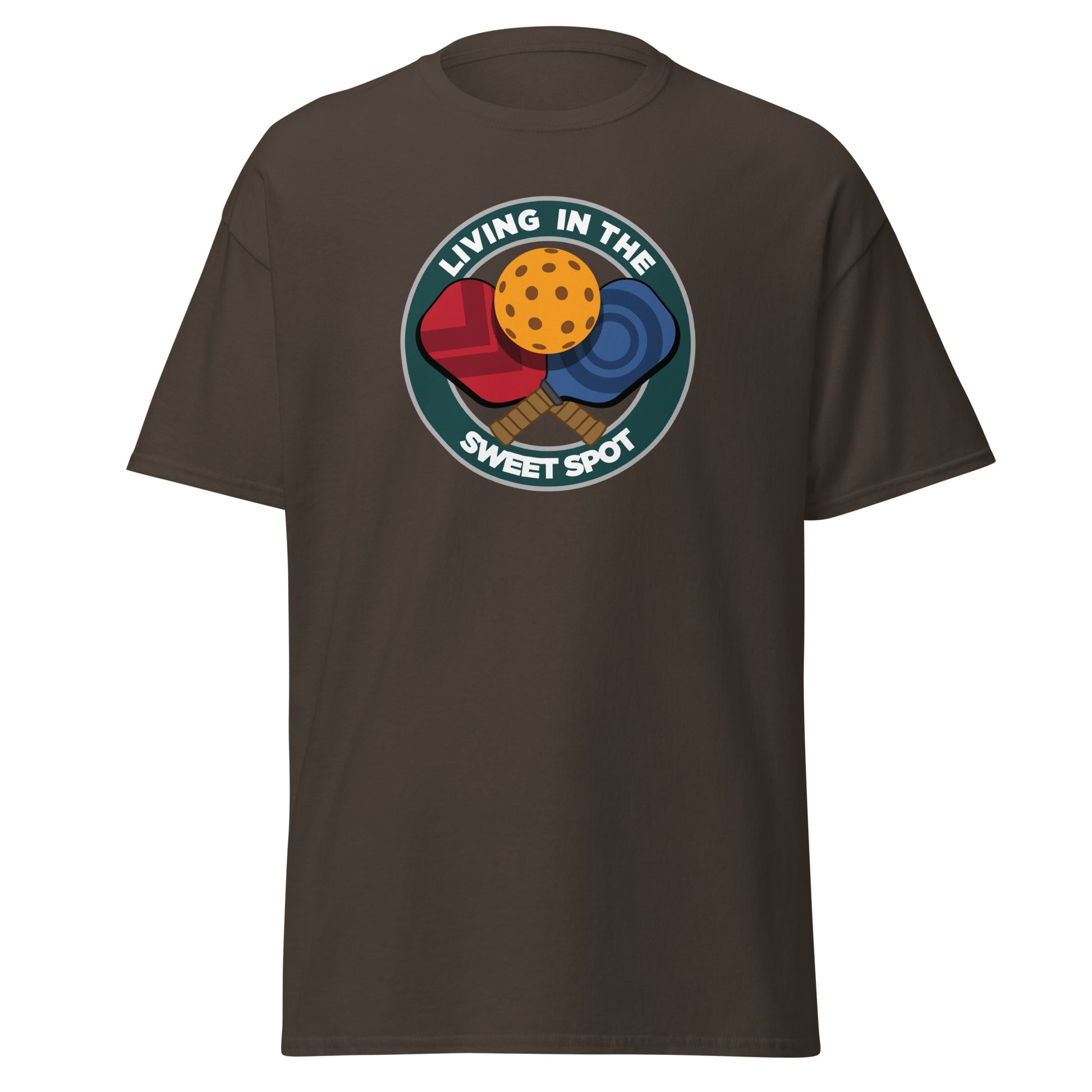 100% Cotton Pickleball T-Shirt - "Living in the Sweet Spot" emblem - DocDink.com