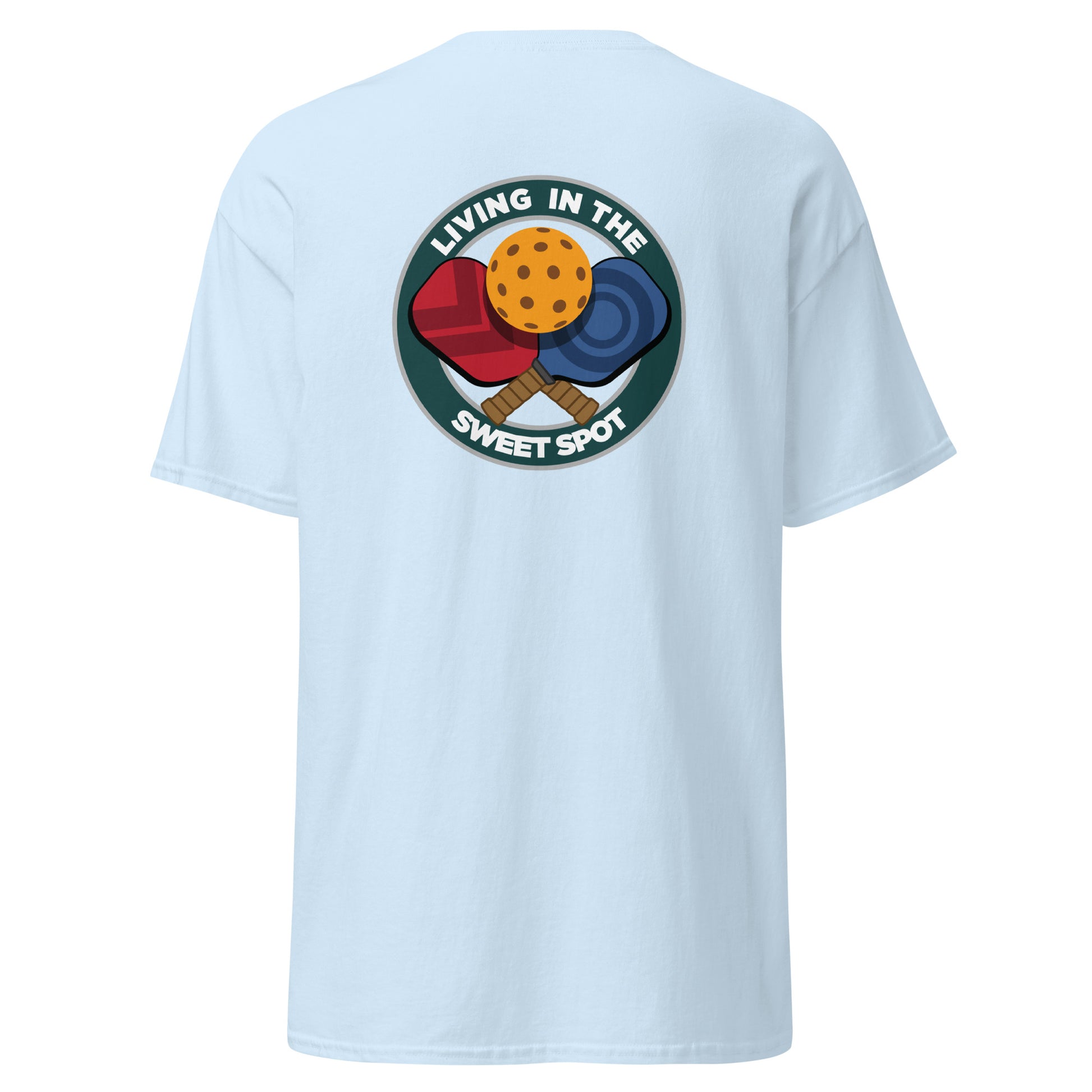 100% Cotton Pickleball T-Shirt - "Living in the Sweet Spot" - Crossed Paddles (pocket) - DocDink.com