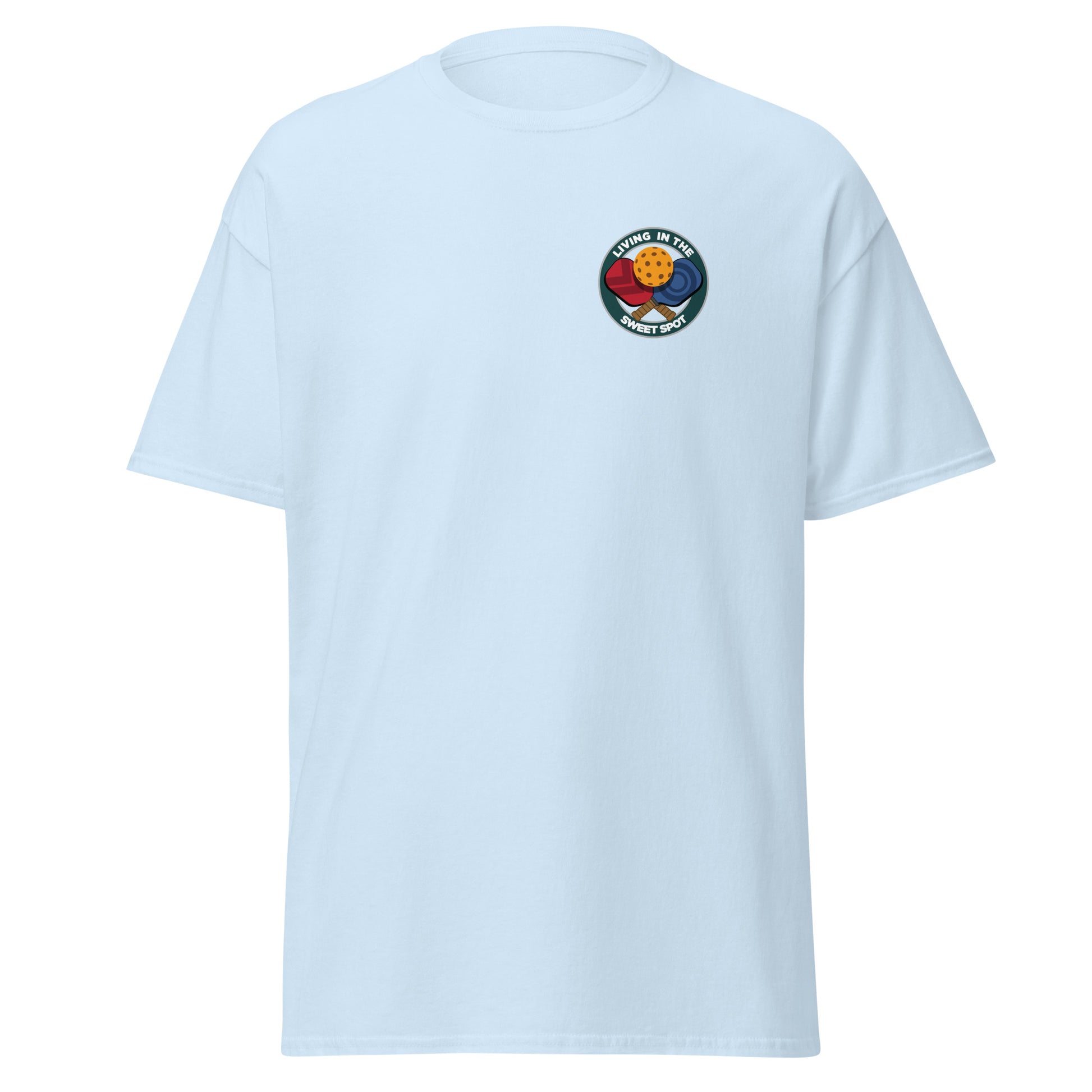 100% Cotton Pickleball T-Shirt - "Living in the Sweet Spot" - Crossed Paddles (pocket) - DocDink.com