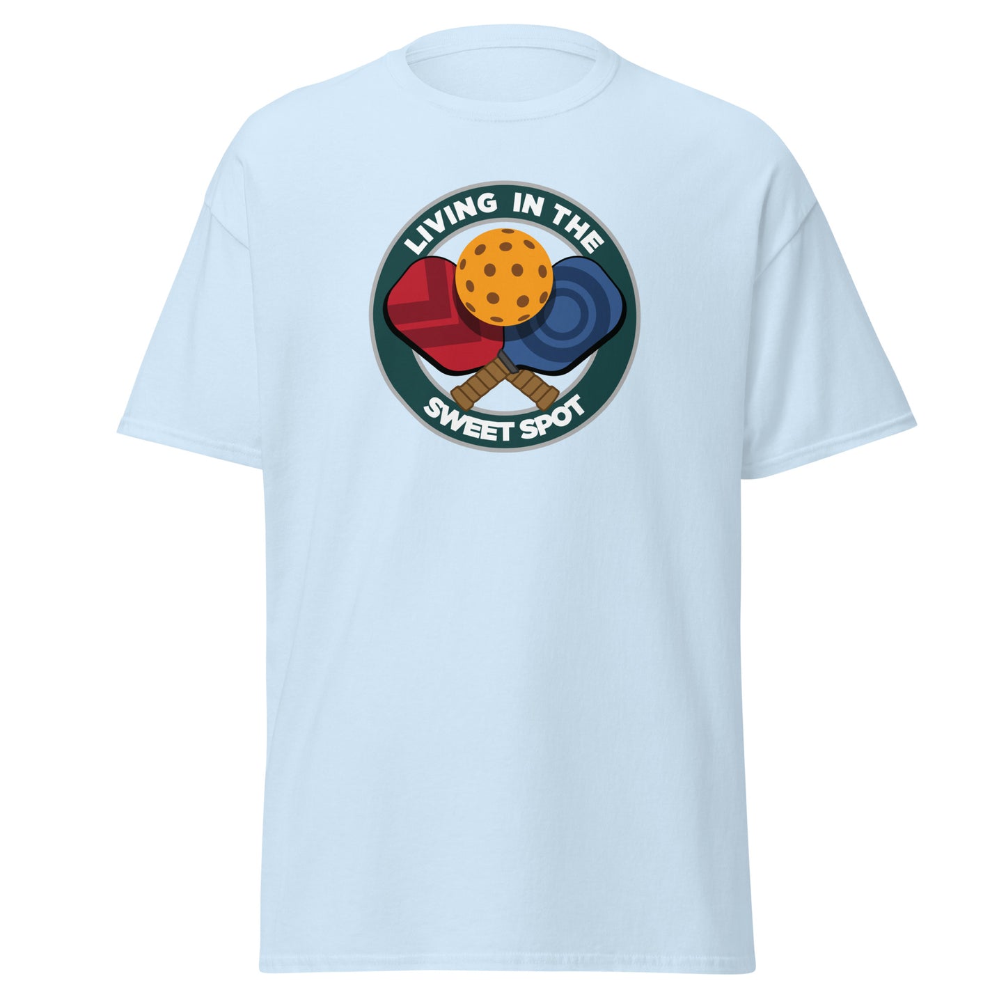 100% Cotton Pickleball T-Shirt - "Living in the Sweet Spot" emblem - DocDink.com