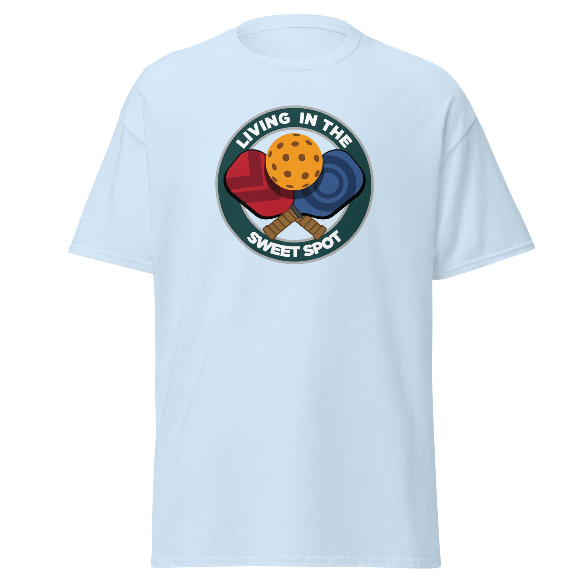 100% Cotton Pickleball T-Shirt - "Living in the Sweet Spot" emblem - DocDink.com