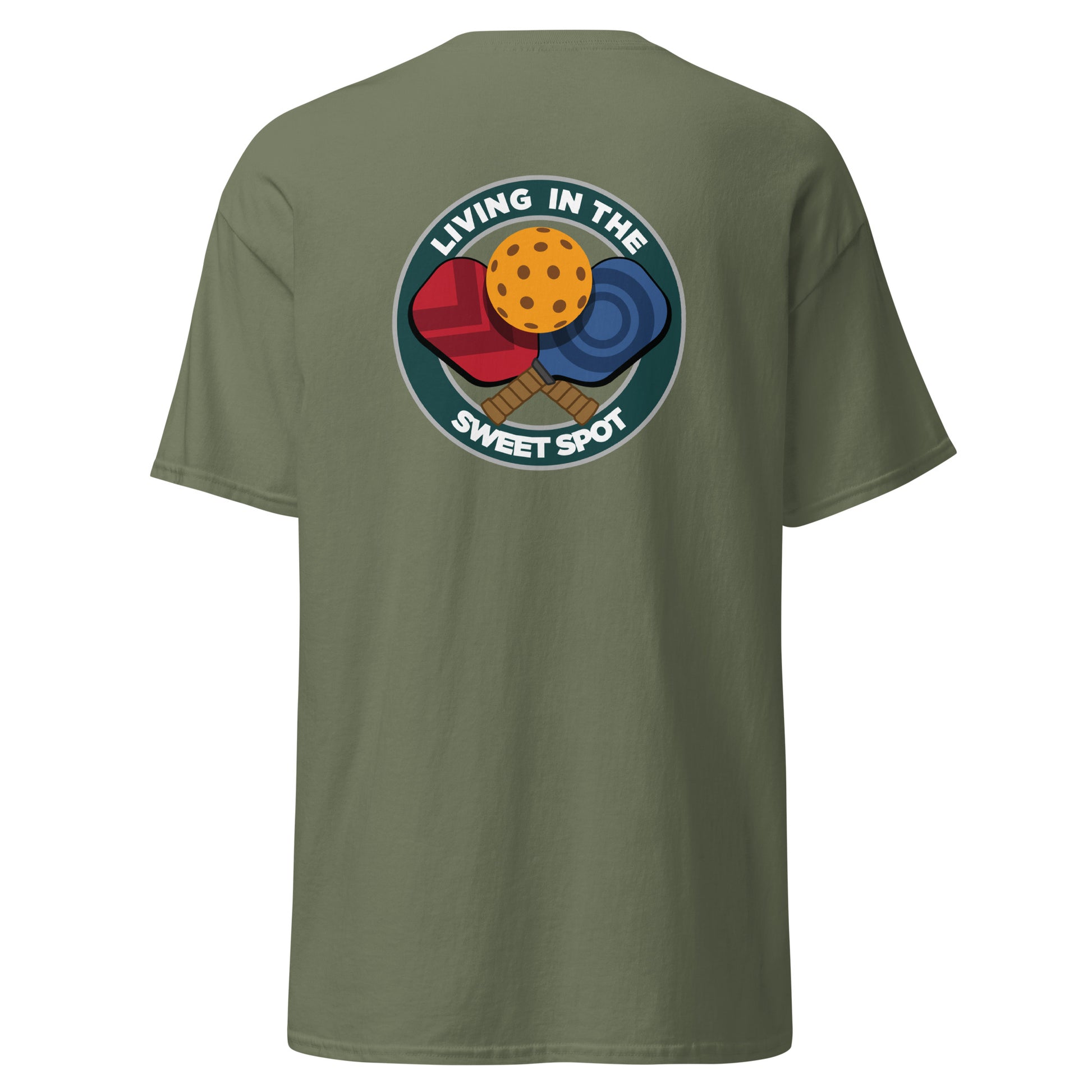 100% Cotton Pickleball T-Shirt - "Living in the Sweet Spot" - Crossed Paddles (pocket) - DocDink.com