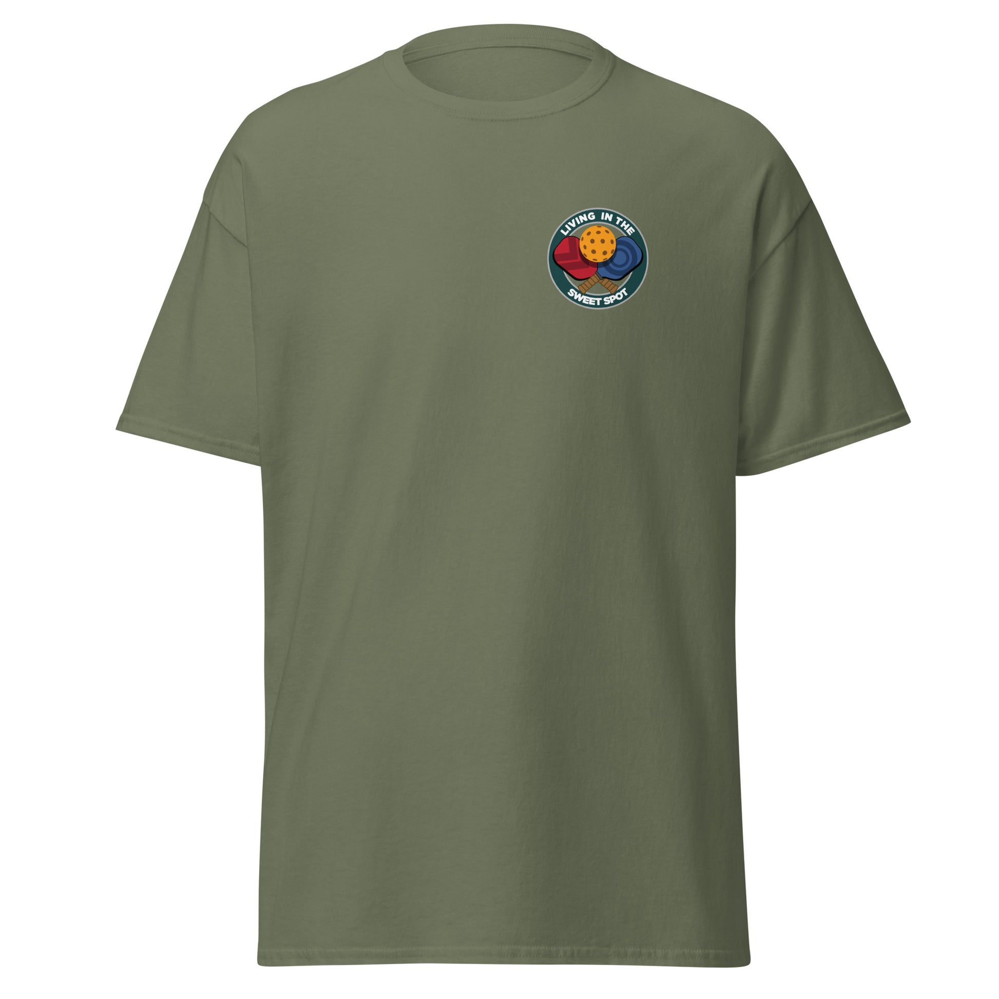 100% Cotton Pickleball T-Shirt - "Living in the Sweet Spot" - Crossed Paddles (pocket) - DocDink.com