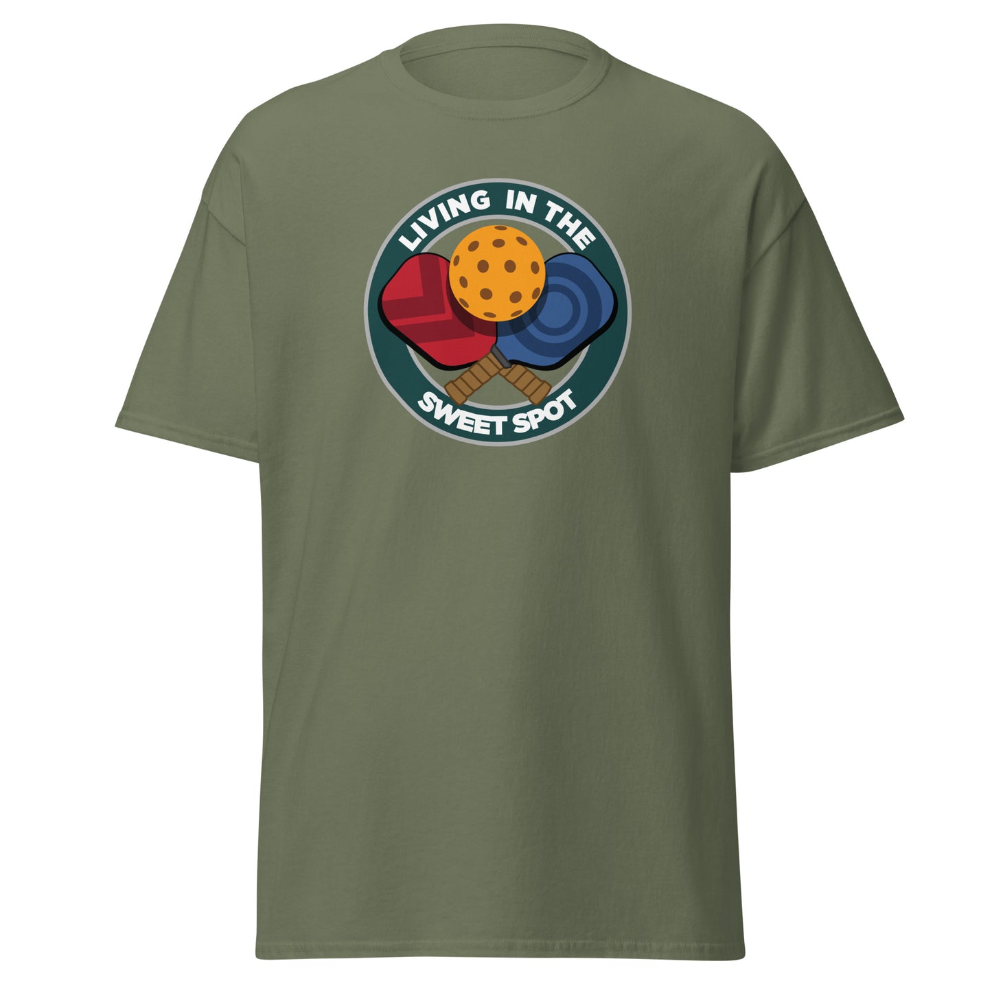 100% Cotton Pickleball T-Shirt - "Living in the Sweet Spot" emblem - DocDink.com