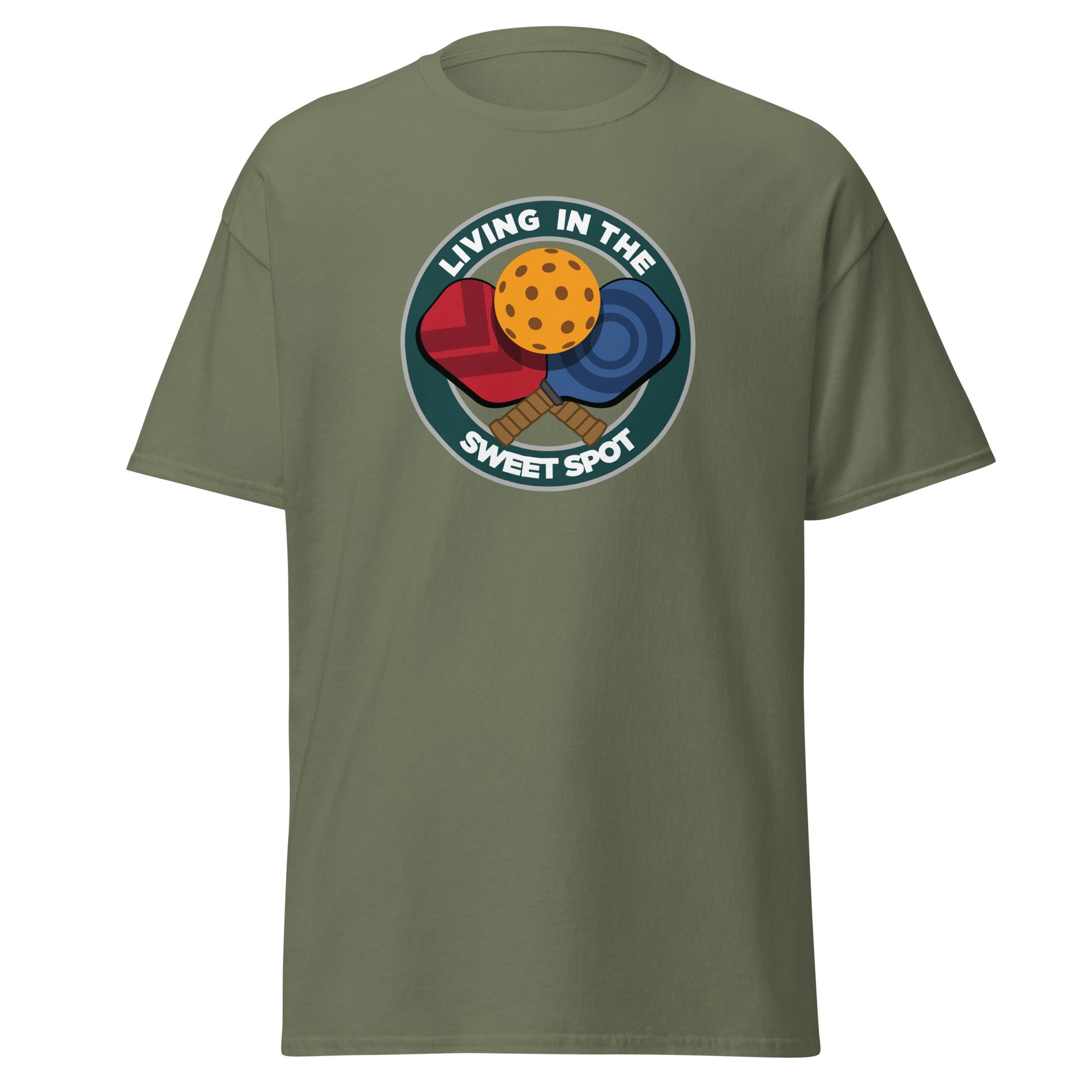 100% Cotton Pickleball T-Shirt - "Living in the Sweet Spot" emblem - DocDink.com