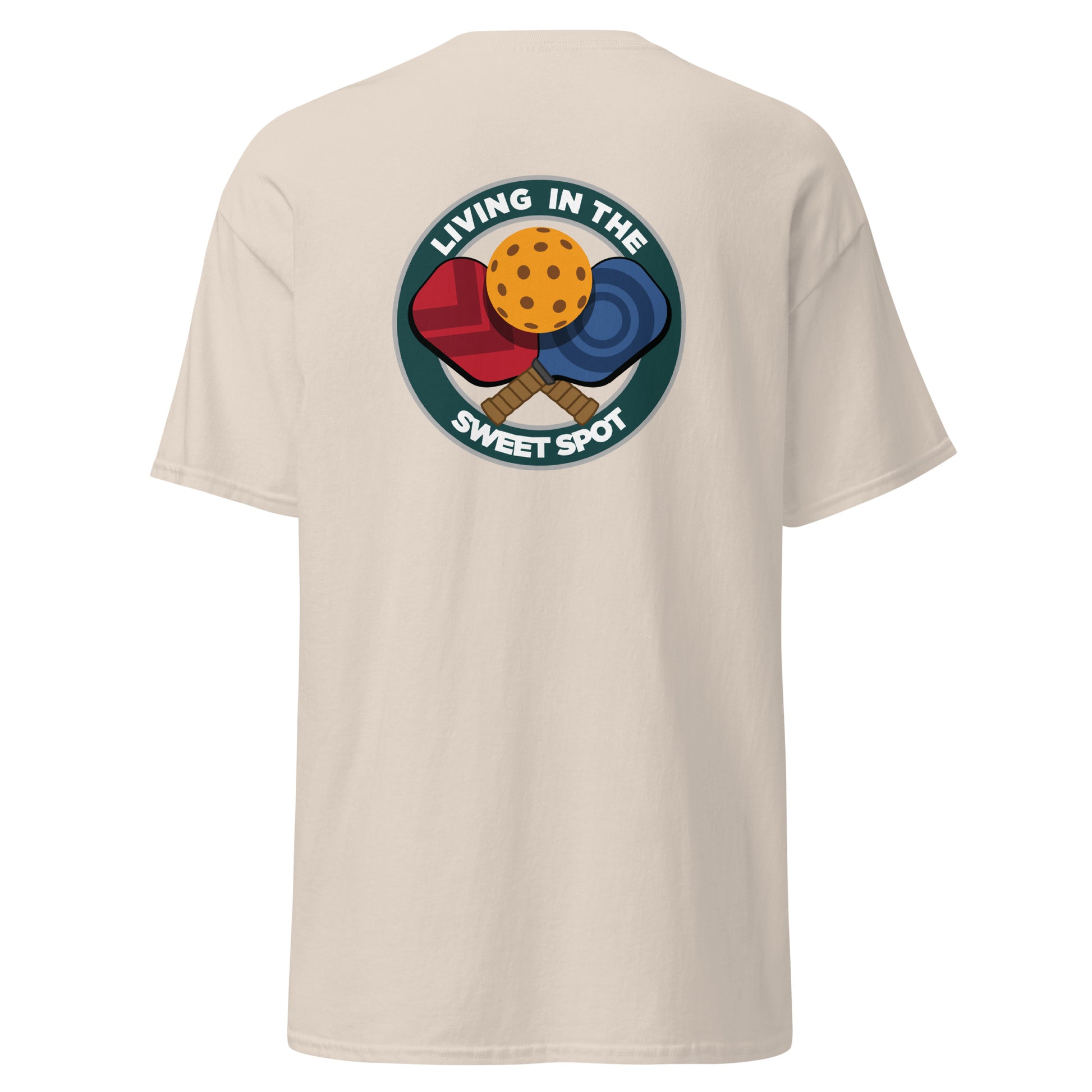 100% Cotton Pickleball T-Shirt - "Living in the Sweet Spot" - Crossed Paddles (pocket) - DocDink.com