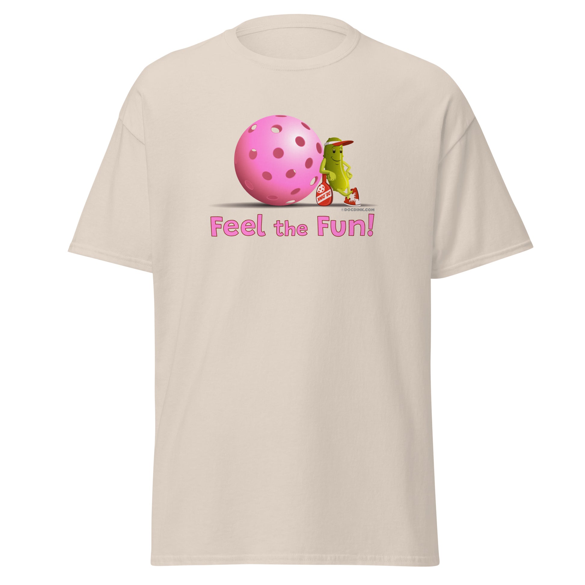 100% Cotton Pickleball T-Shirt - Resting Pickleball - "Feel the Fun" #pink - DocDink.com