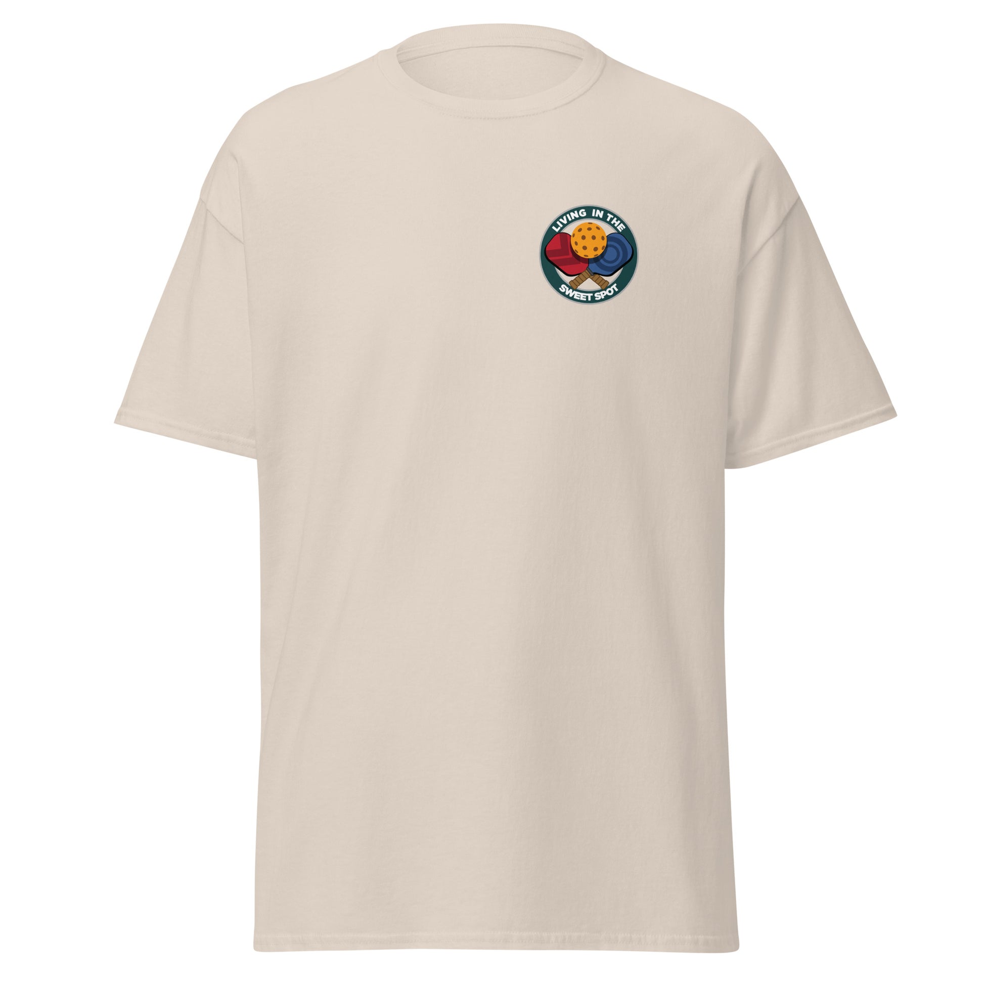 100% Cotton Pickleball T-Shirt - "Living in the Sweet Spot" - Crossed Paddles (pocket) - DocDink.com