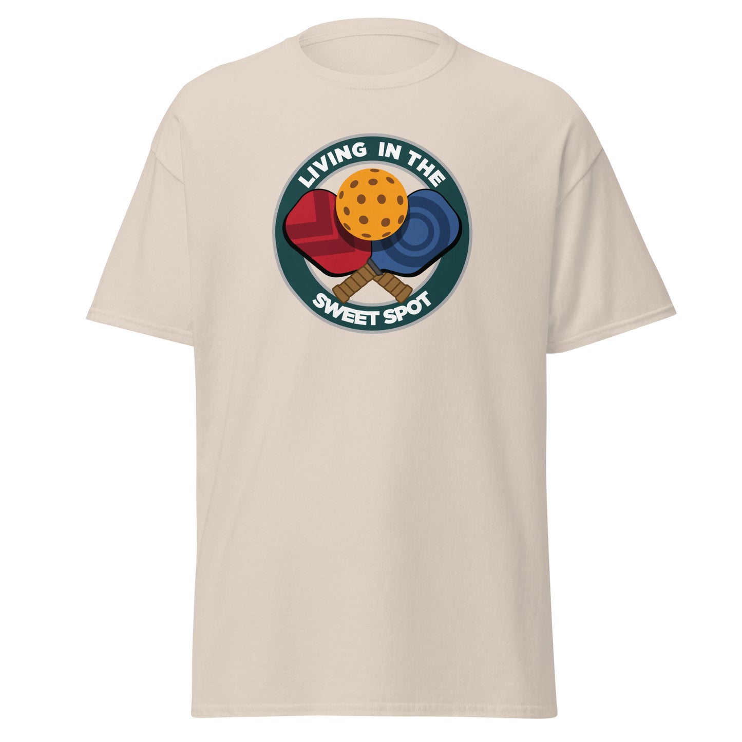 100% Cotton Pickleball T-Shirt - "Living in the Sweet Spot" emblem - DocDink.com