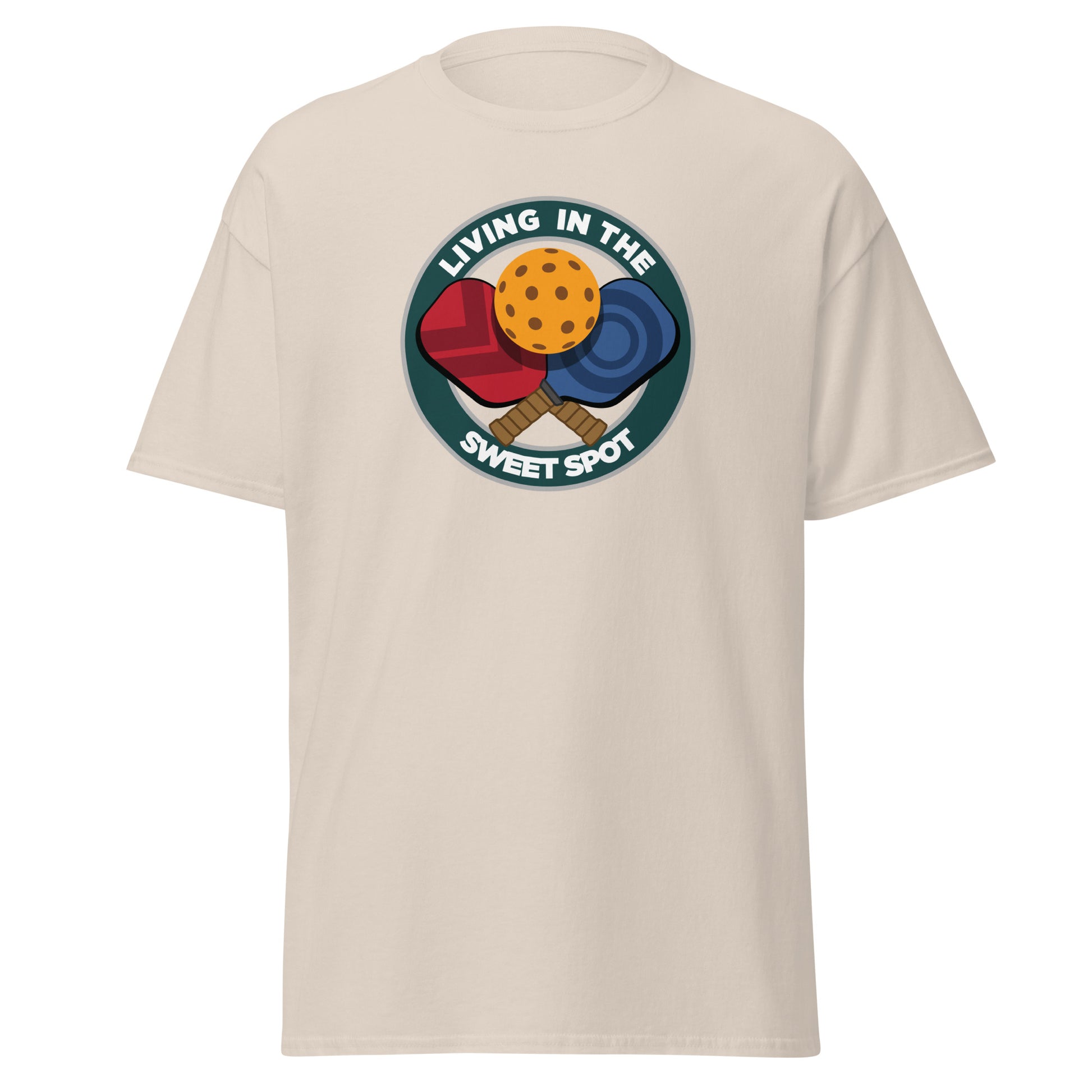 100% Cotton Pickleball T-Shirt - "Living in the Sweet Spot" emblem - DocDink.com
