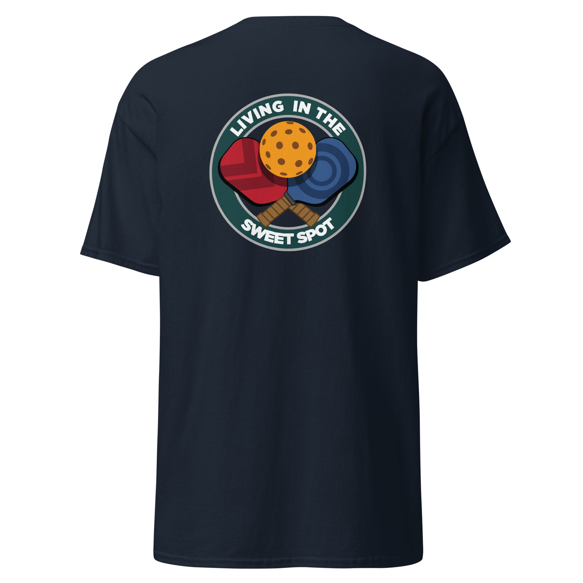 100% Cotton Pickleball T-Shirt - "Living in the Sweet Spot" - Crossed Paddles (pocket) - DocDink.com
