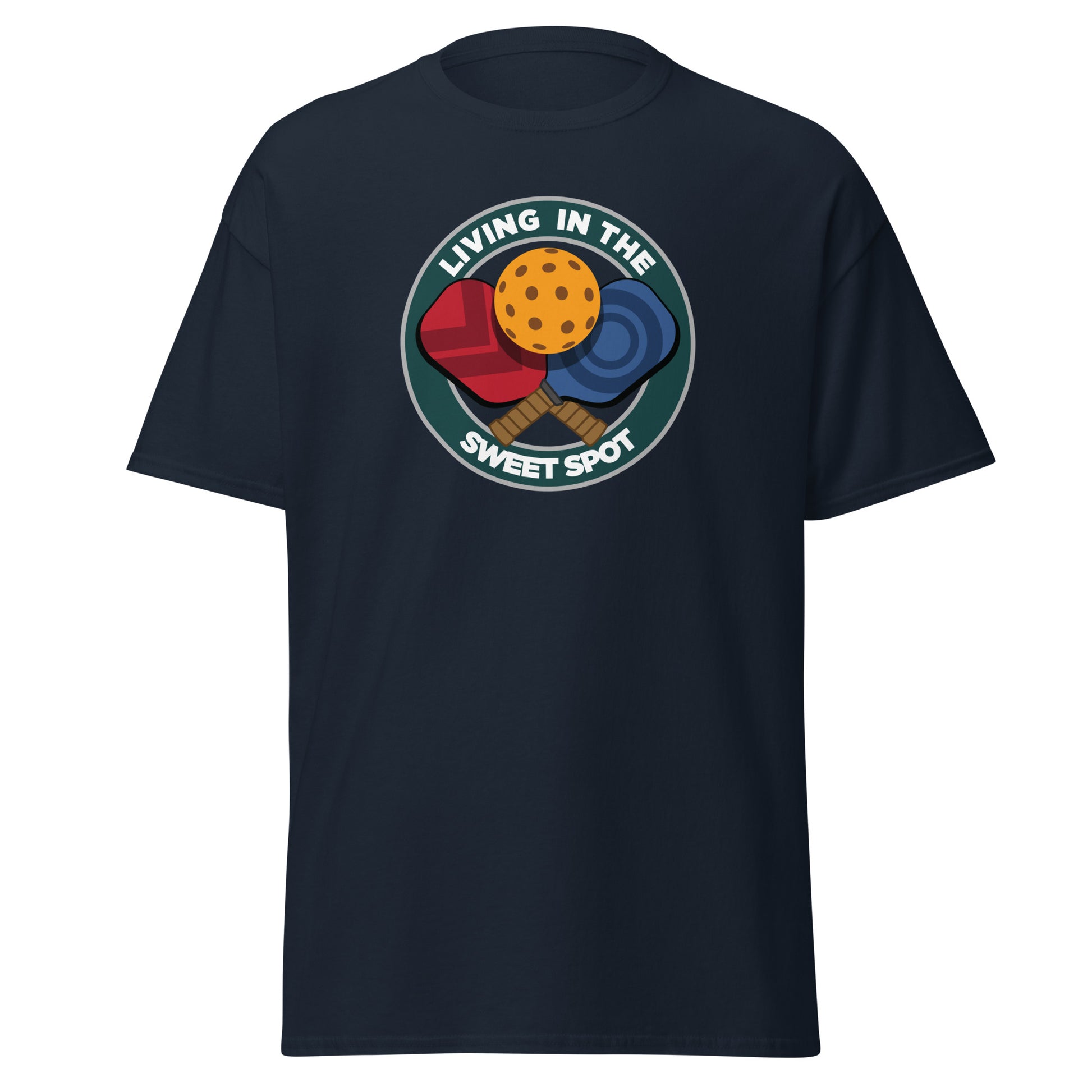 100% Cotton Pickleball T-Shirt - "Living in the Sweet Spot" emblem - DocDink.com