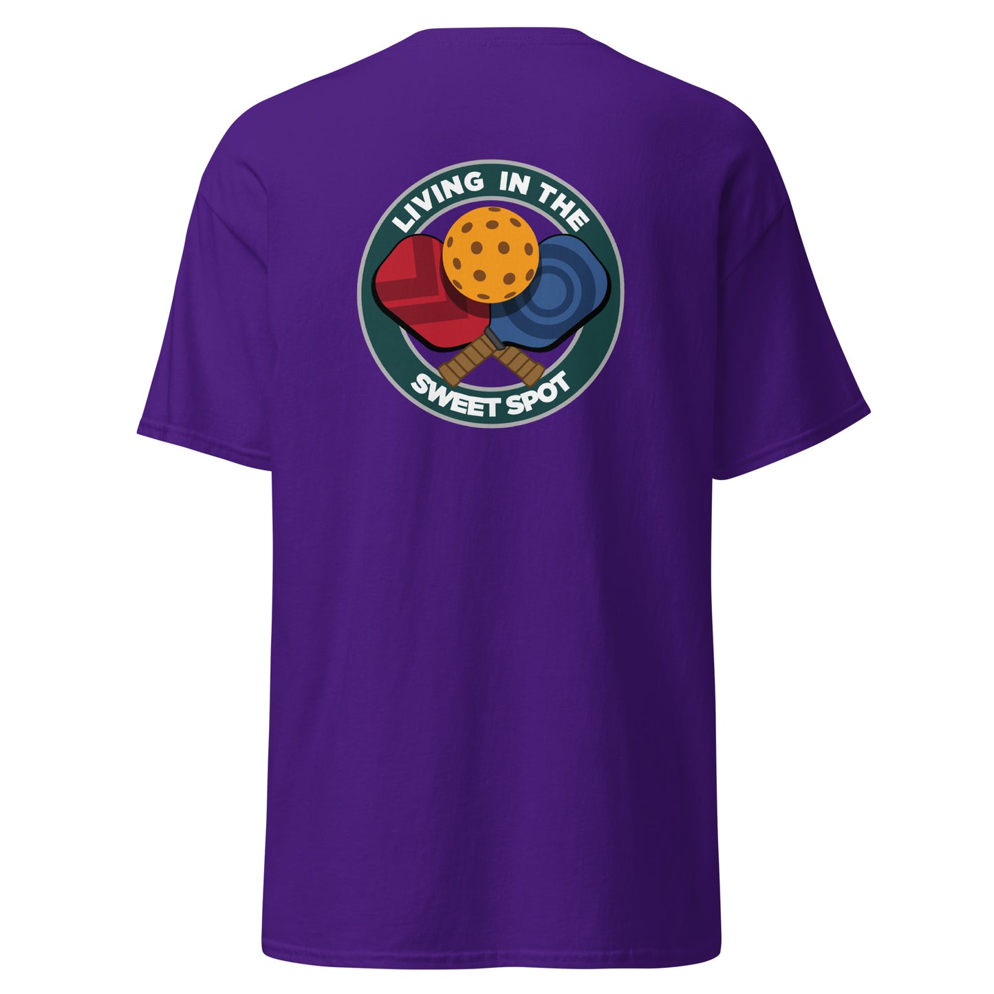 100% Cotton Pickleball T-Shirt - "Living in the Sweet Spot" - Crossed Paddles (pocket) - DocDink.com