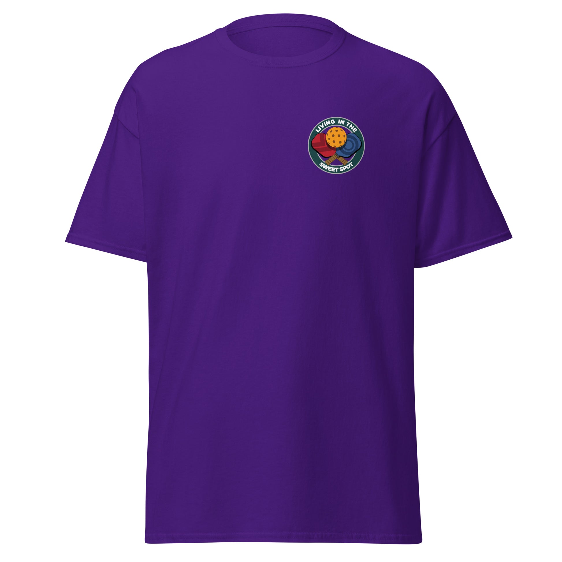 100% Cotton Pickleball T-Shirt - "Living in the Sweet Spot" - Crossed Paddles (pocket) - DocDink.com