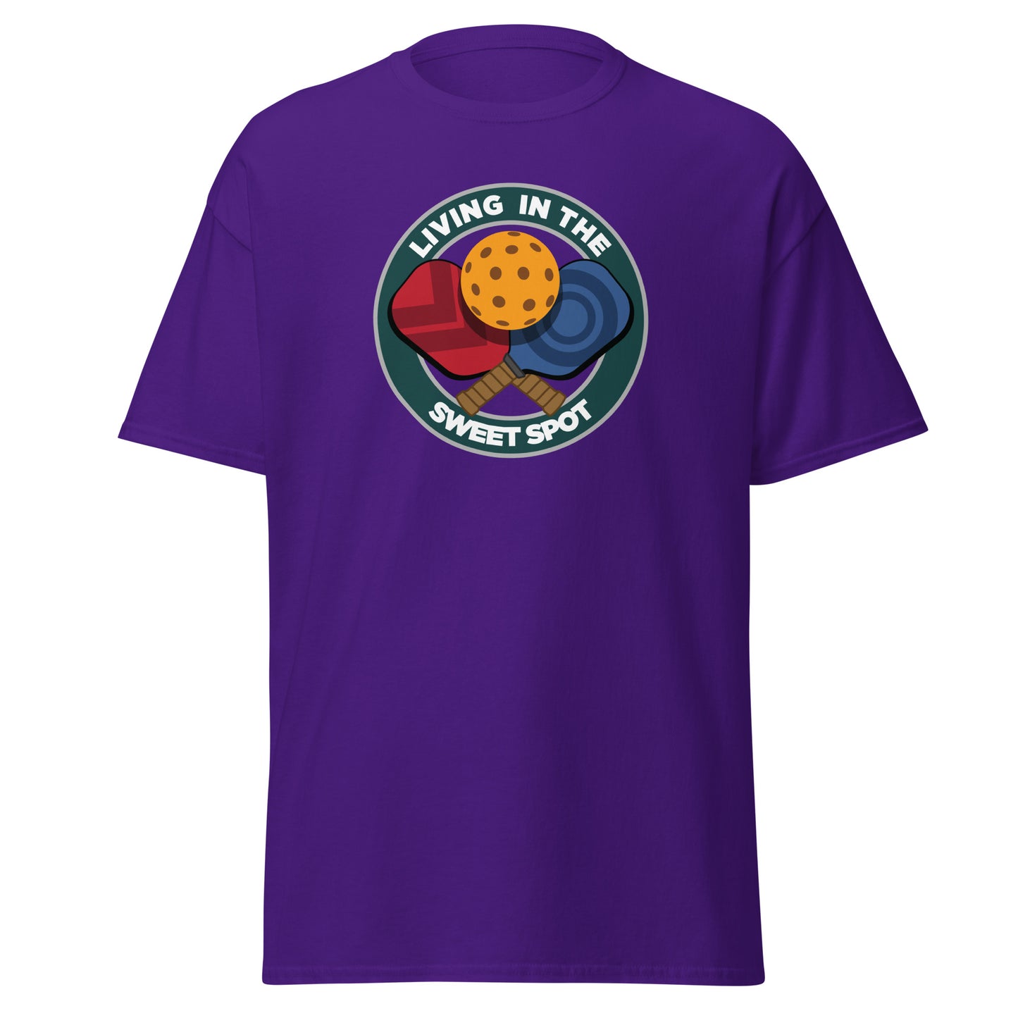 100% Cotton Pickleball T-Shirt - "Living in the Sweet Spot" emblem - DocDink.com