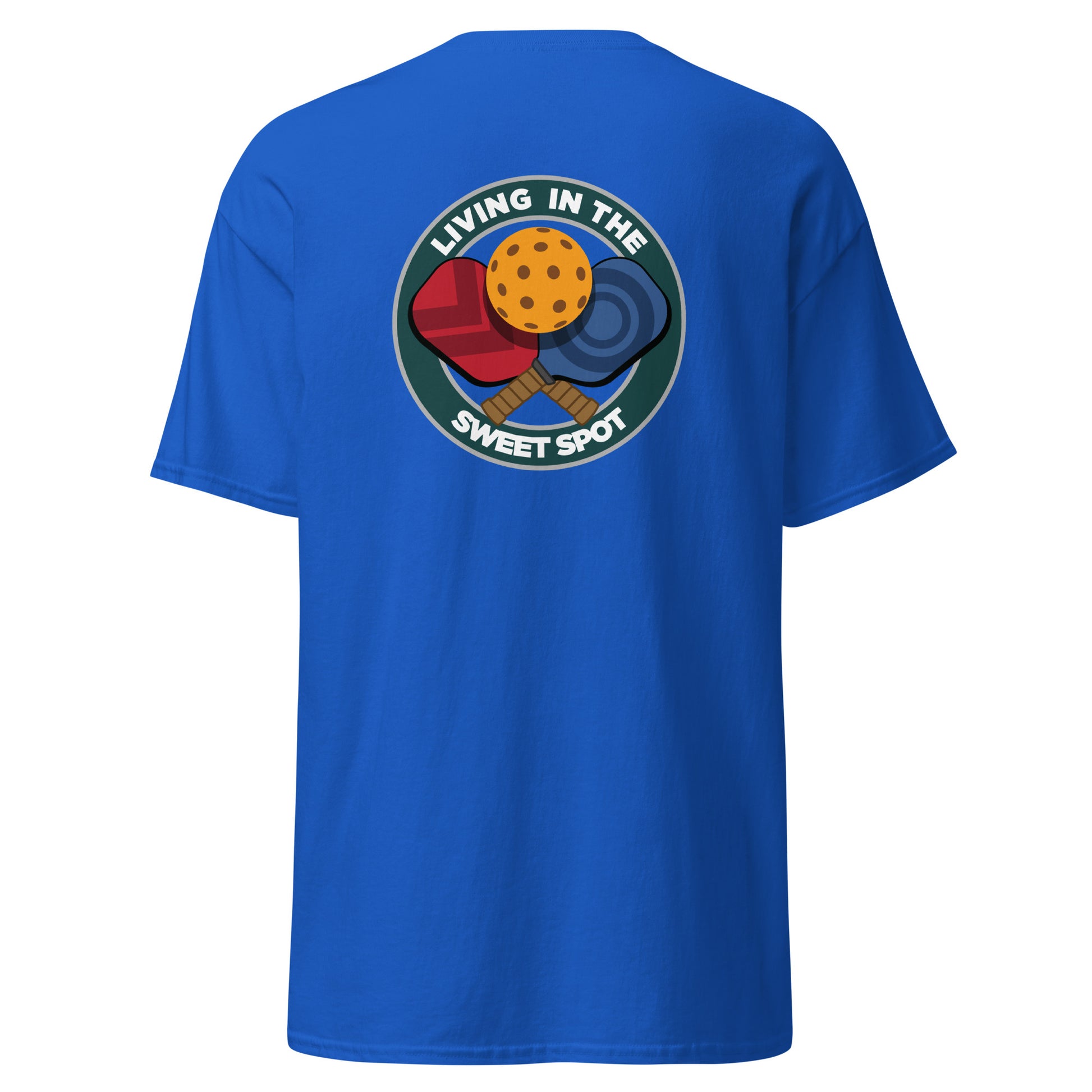 100% Cotton Pickleball T-Shirt - "Living in the Sweet Spot" - Crossed Paddles (pocket) - DocDink.com