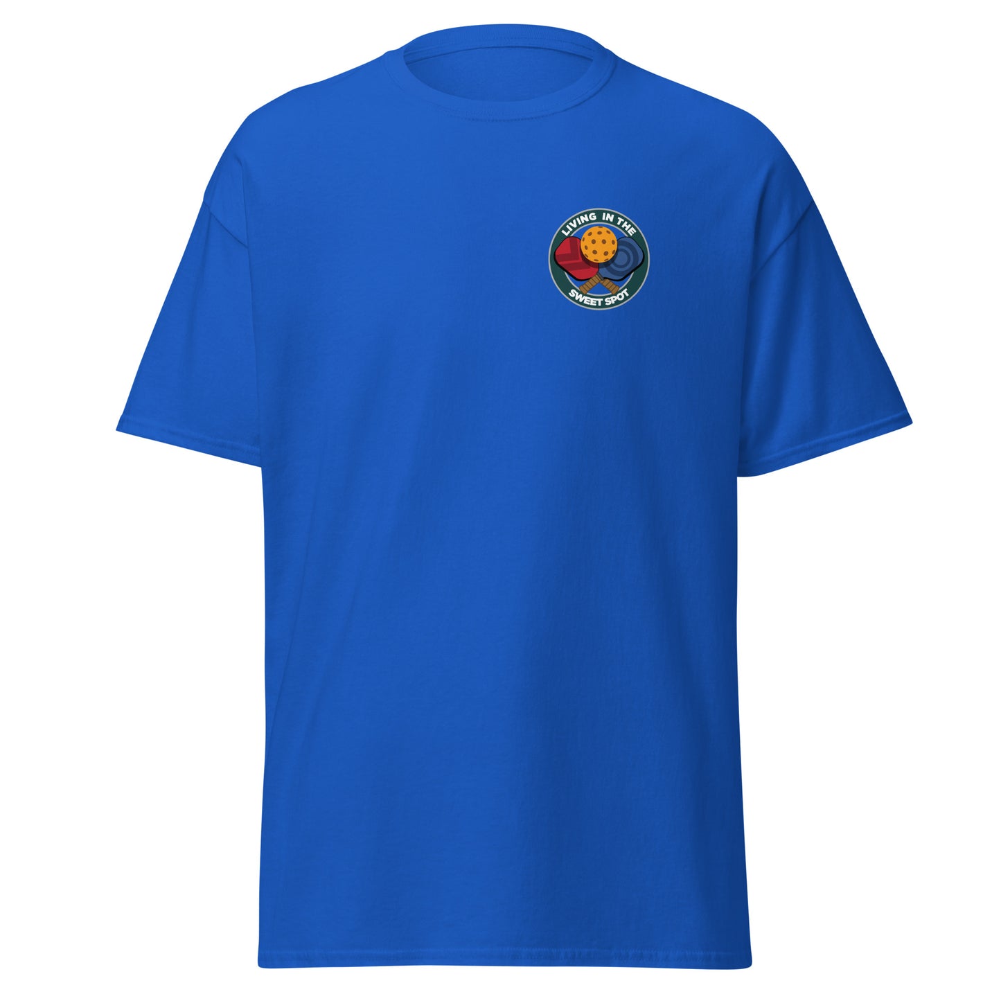 100% Cotton Pickleball T-Shirt - "Living in the Sweet Spot" - Crossed Paddles (pocket) - DocDink.com