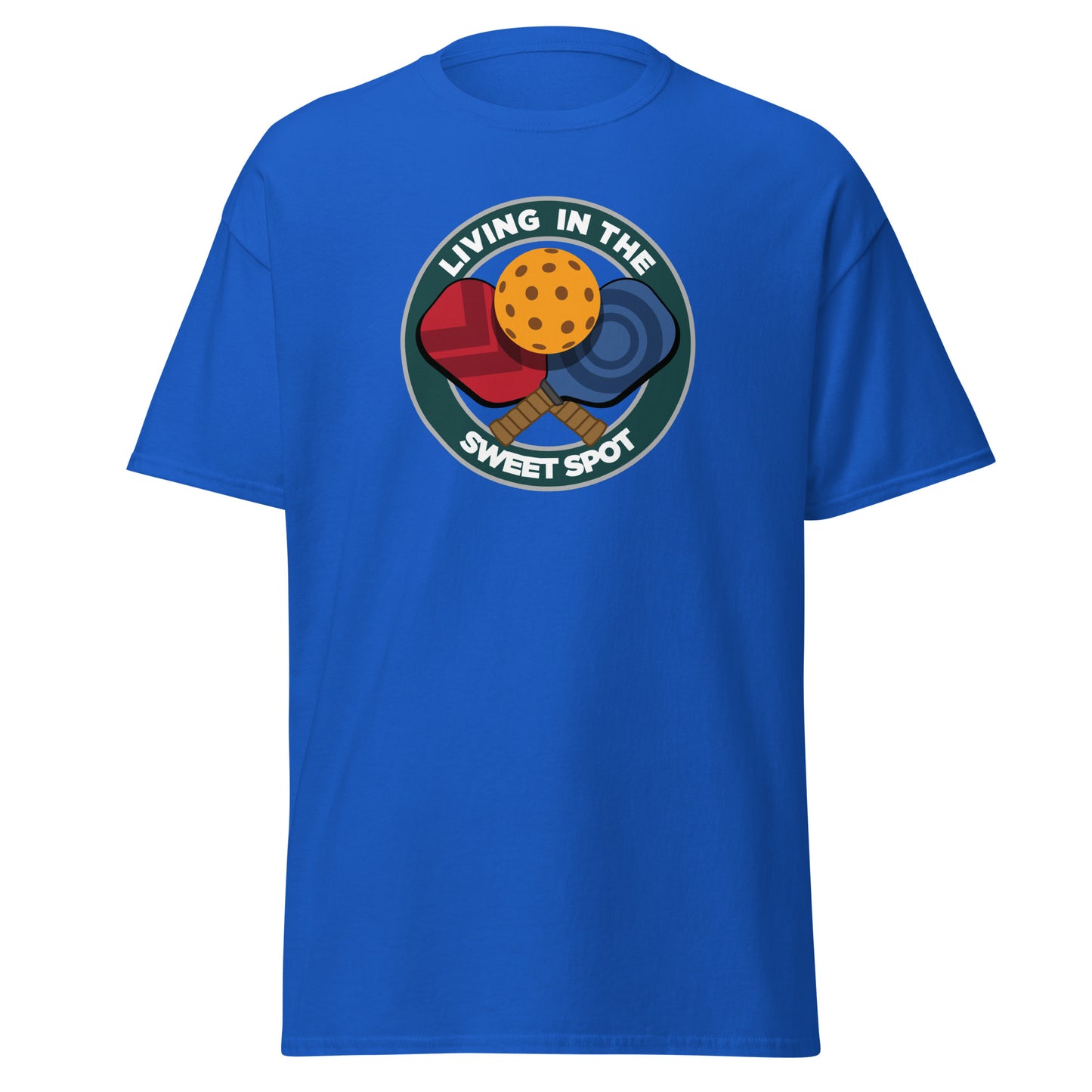 100% Cotton Pickleball T-Shirt - "Living in the Sweet Spot" emblem - DocDink.com