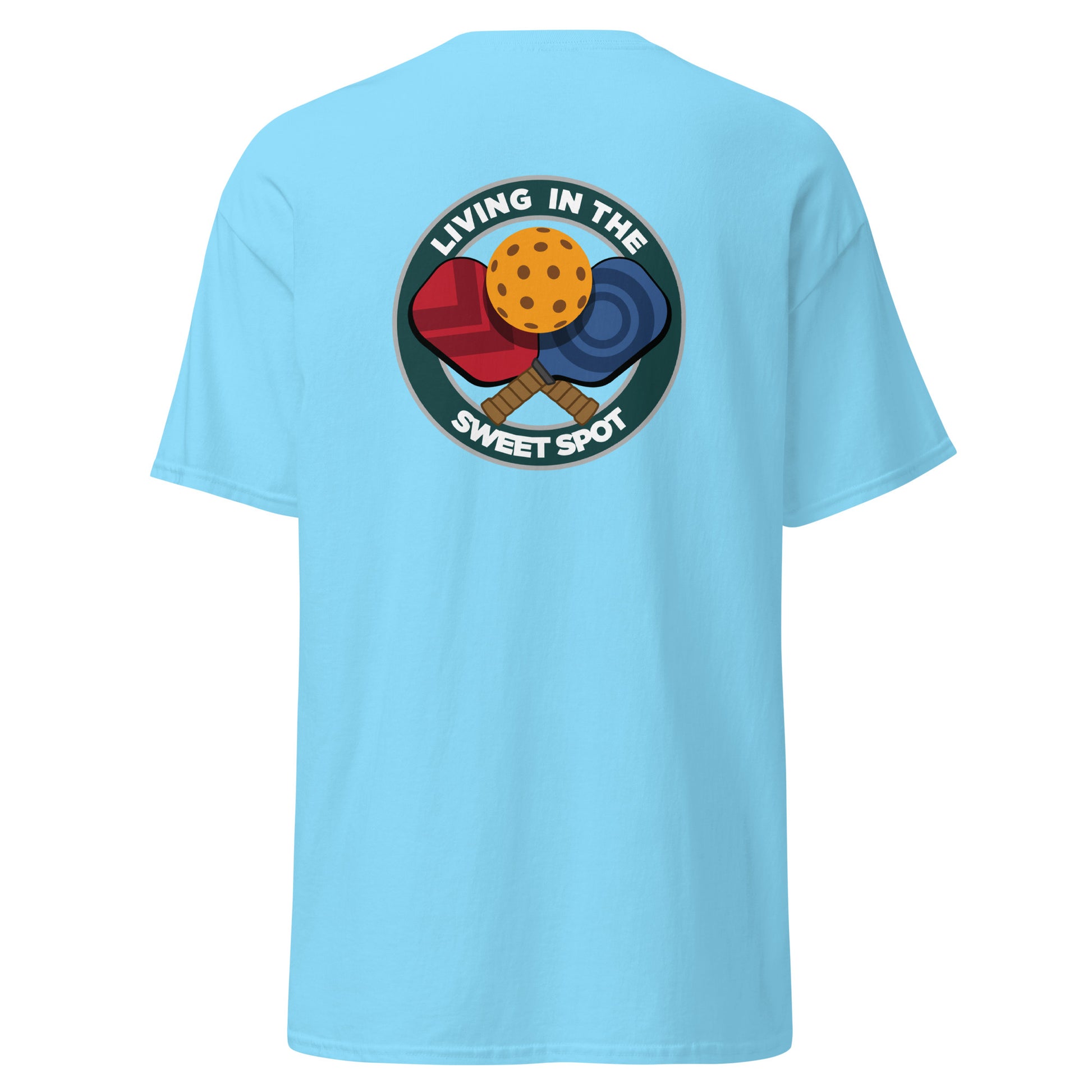 100% Cotton Pickleball T-Shirt - "Living in the Sweet Spot" - Crossed Paddles (pocket) - DocDink.com