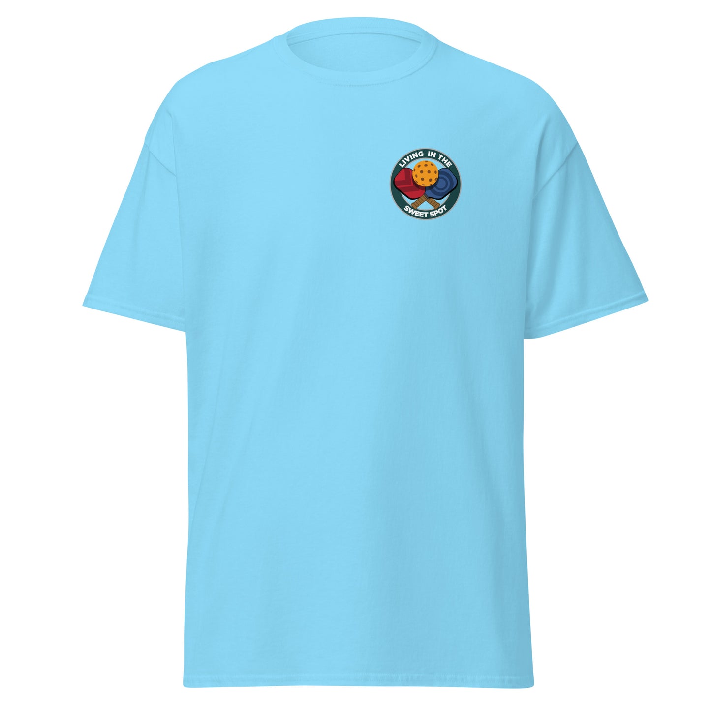100% Cotton Pickleball T-Shirt - "Living in the Sweet Spot" - Crossed Paddles (pocket) - DocDink.com