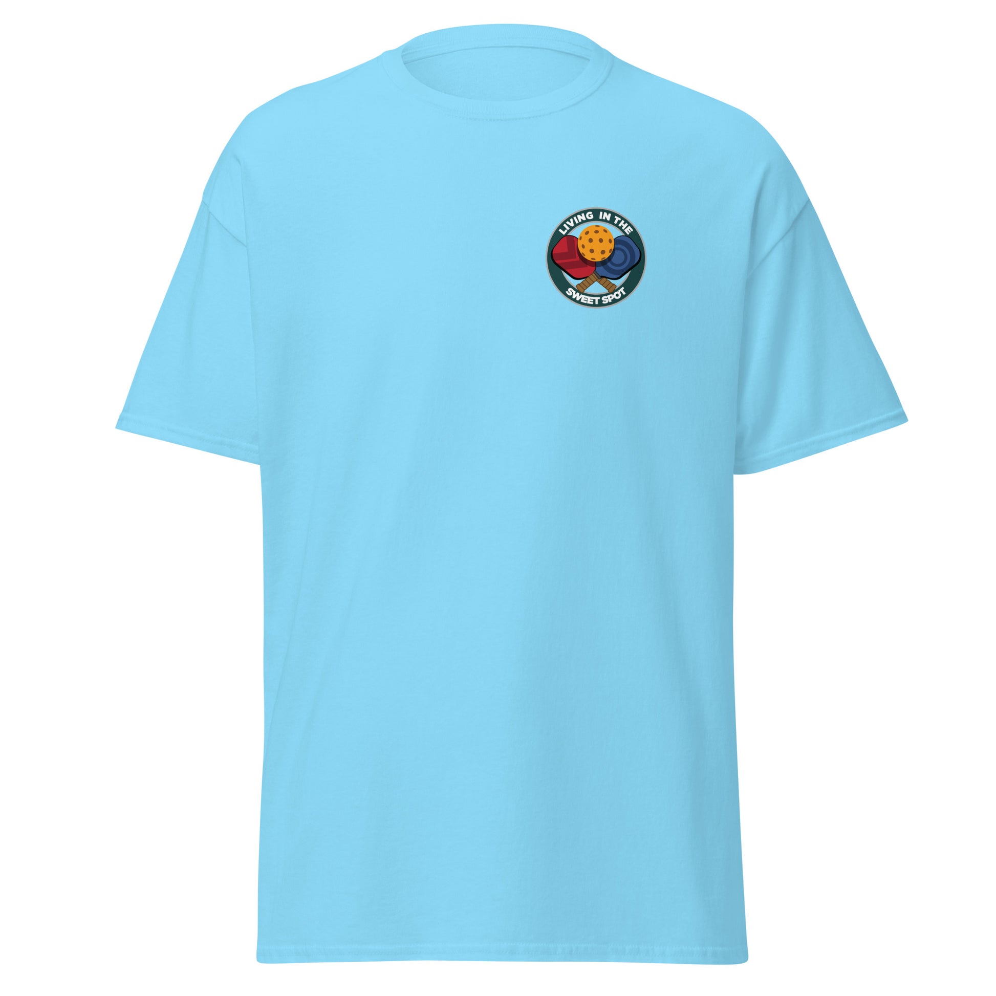 100% Cotton Pickleball T-Shirt - "Living in the Sweet Spot" - Crossed Paddles (pocket) - DocDink.com