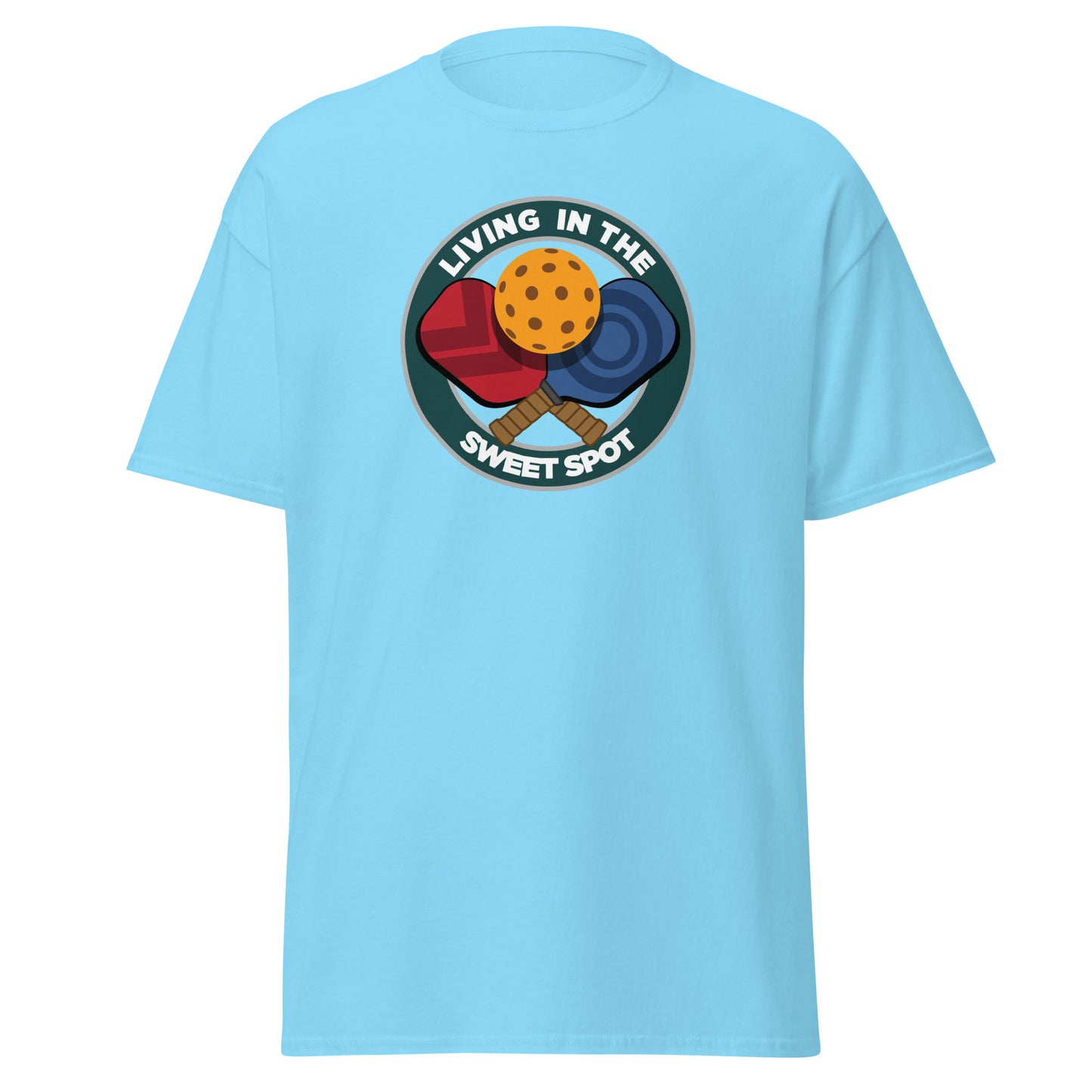 100% Cotton Pickleball T-Shirt - "Living in the Sweet Spot" emblem - DocDink.com