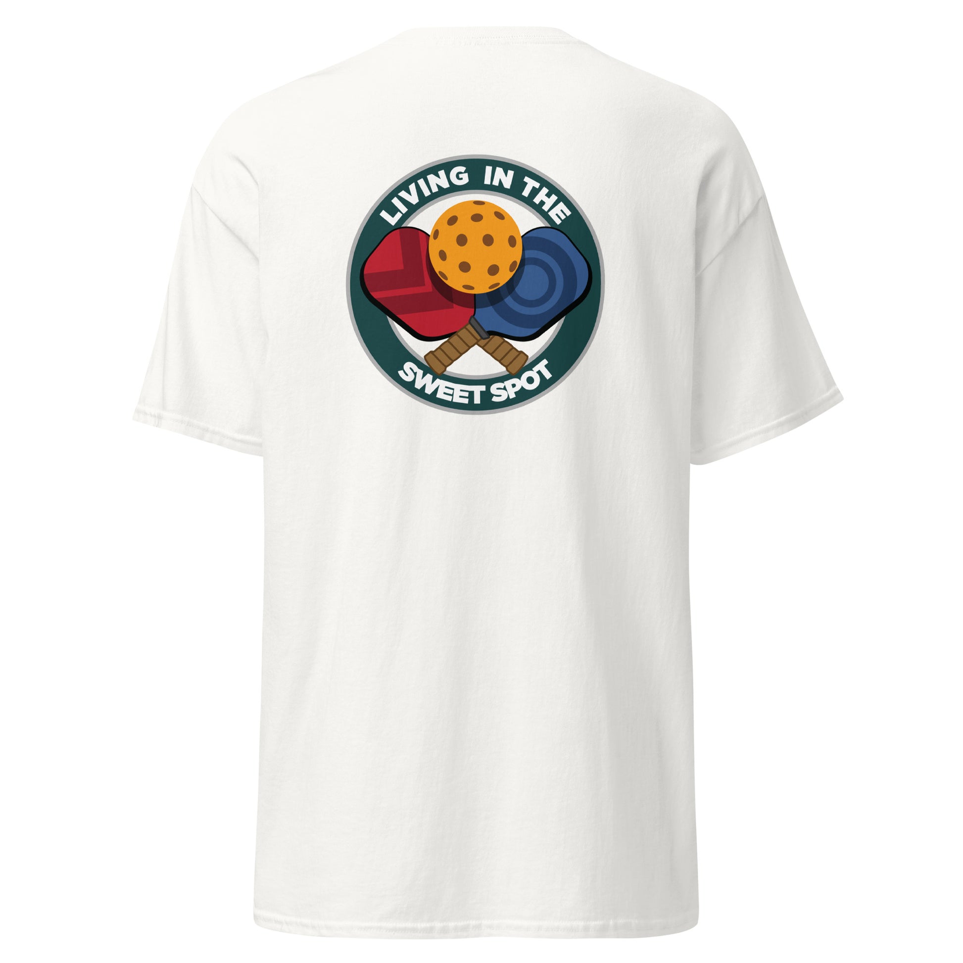 100% Cotton Pickleball T-Shirt - "Living in the Sweet Spot" - Crossed Paddles (pocket) - DocDink.com