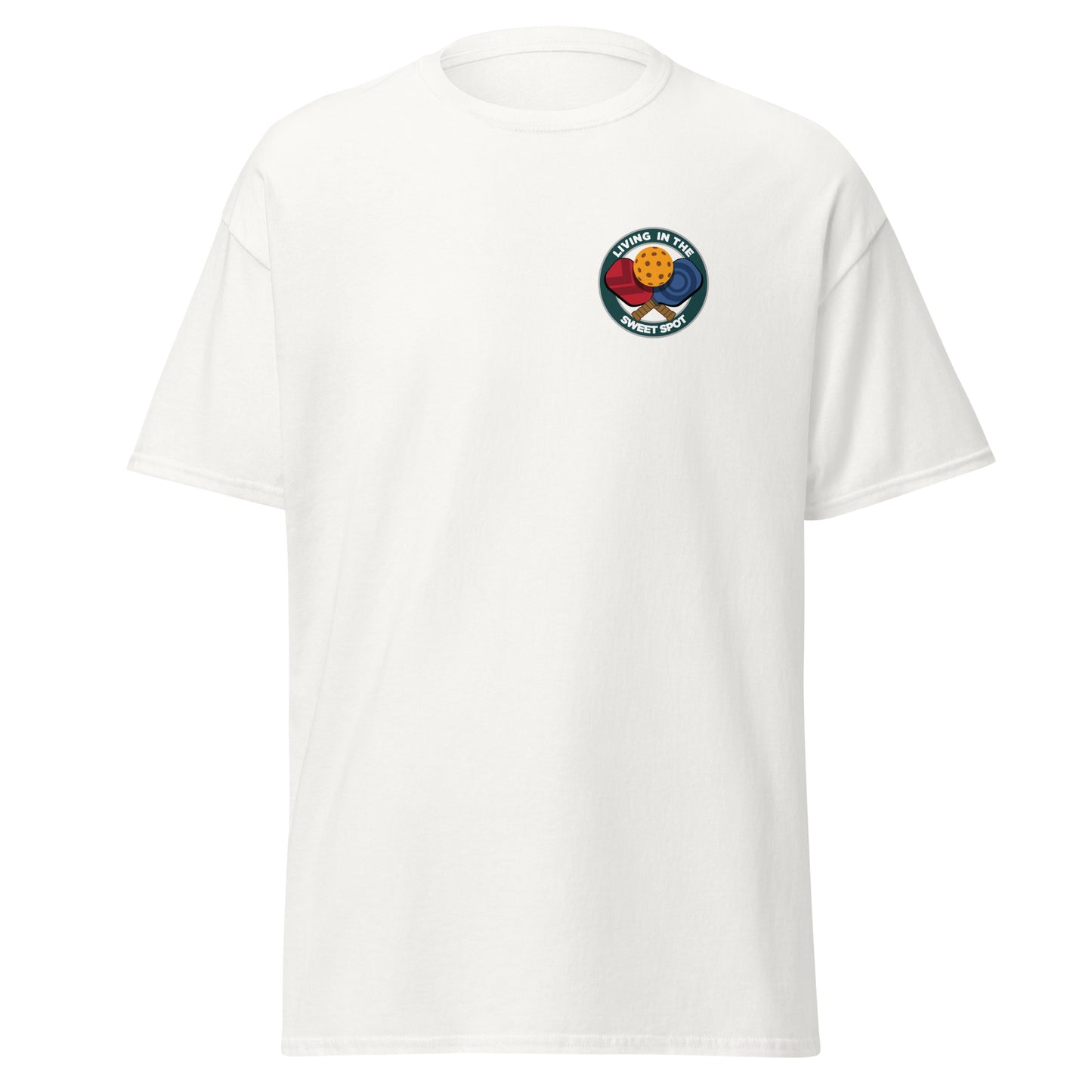 100% Cotton Pickleball T-Shirt - "Living in the Sweet Spot" - Crossed Paddles (pocket) - DocDink.com