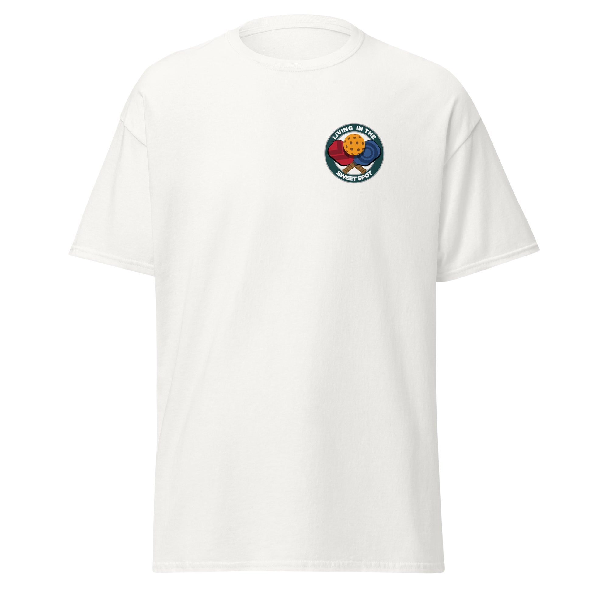 100% Cotton Pickleball T-Shirt - "Living in the Sweet Spot" - Crossed Paddles (pocket) - DocDink.com