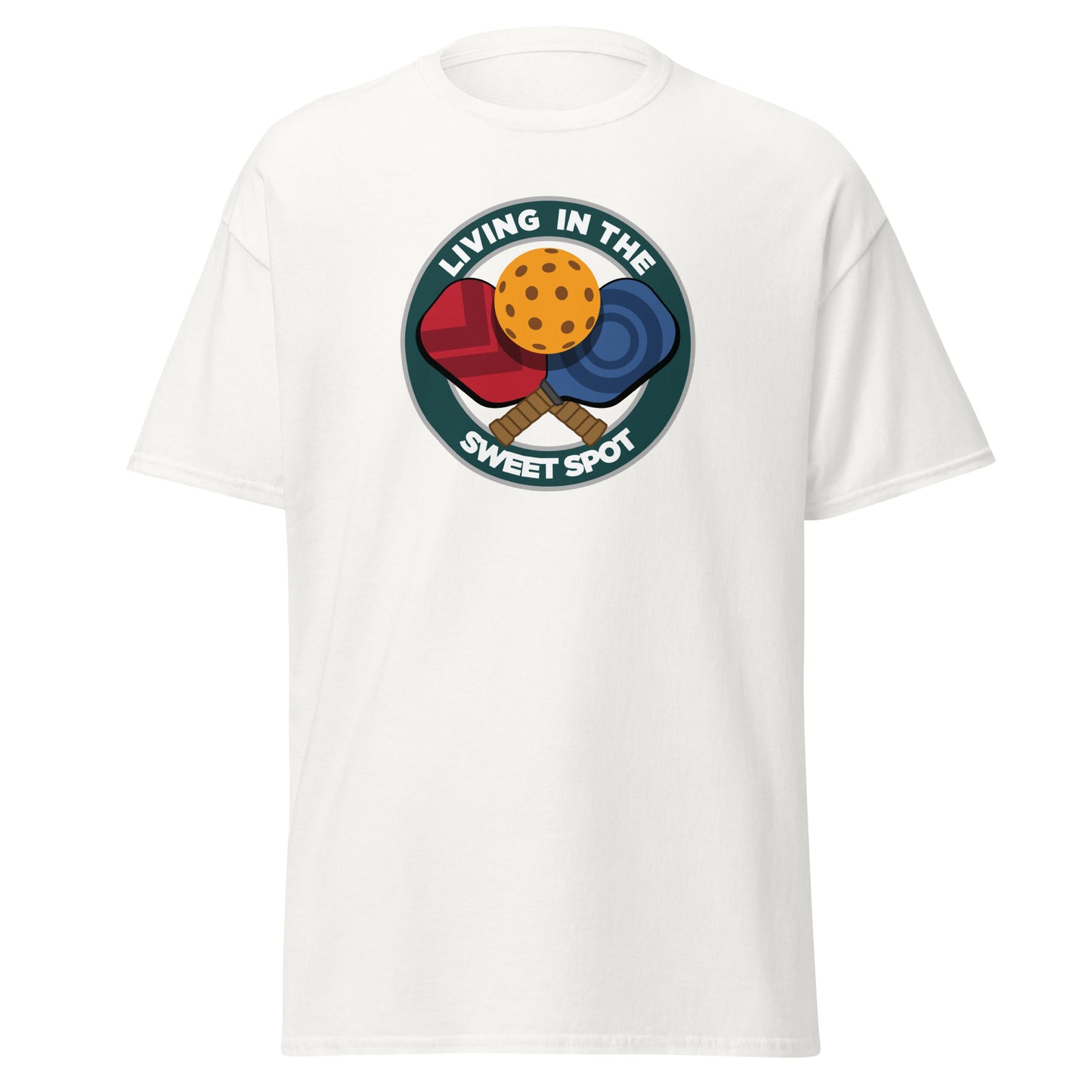 100% Cotton Pickleball T-Shirt - "Living in the Sweet Spot" emblem - DocDink.com